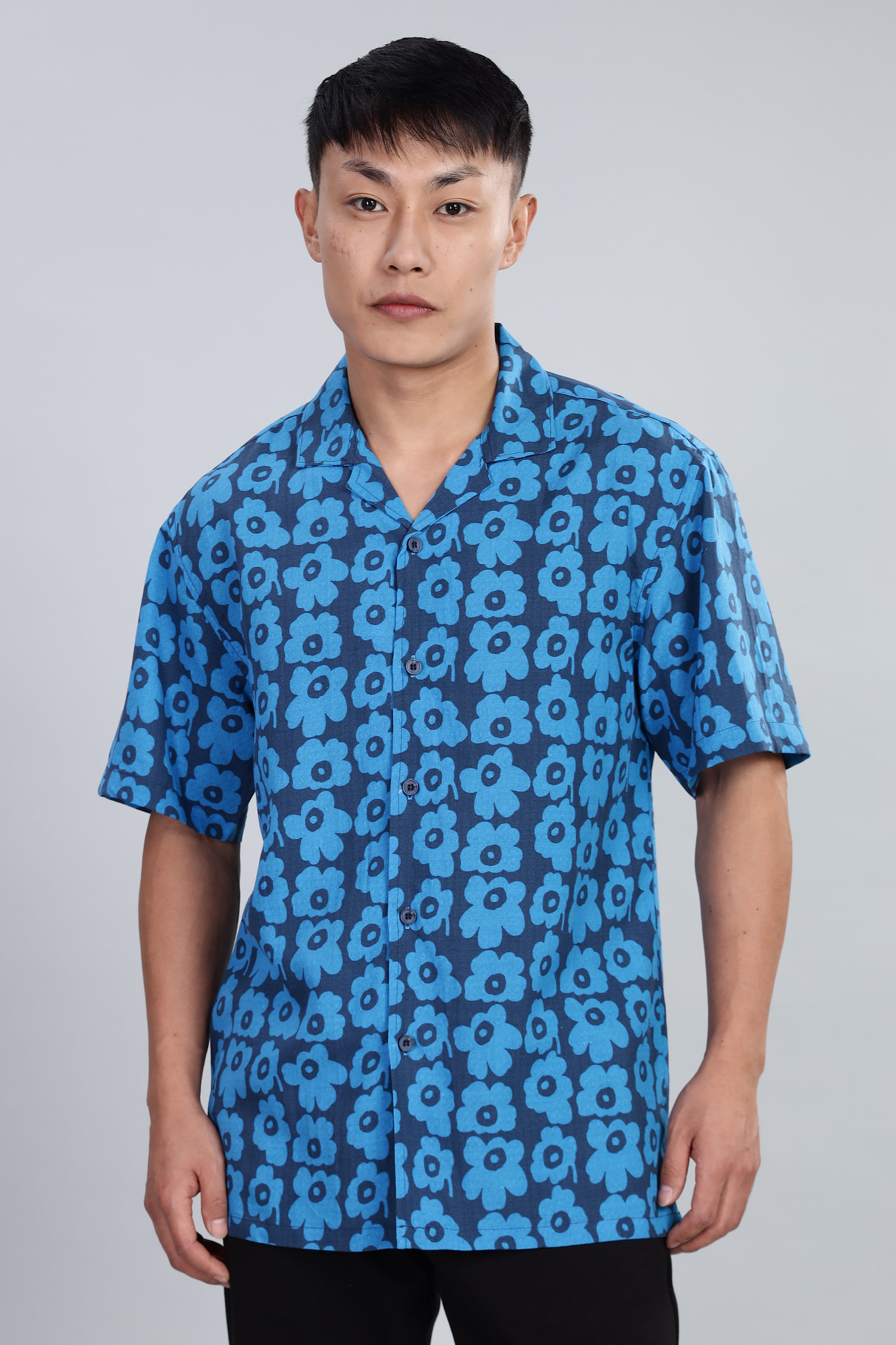 Box Fit Half Sleeve Blue Shirt in Tencel and Linen