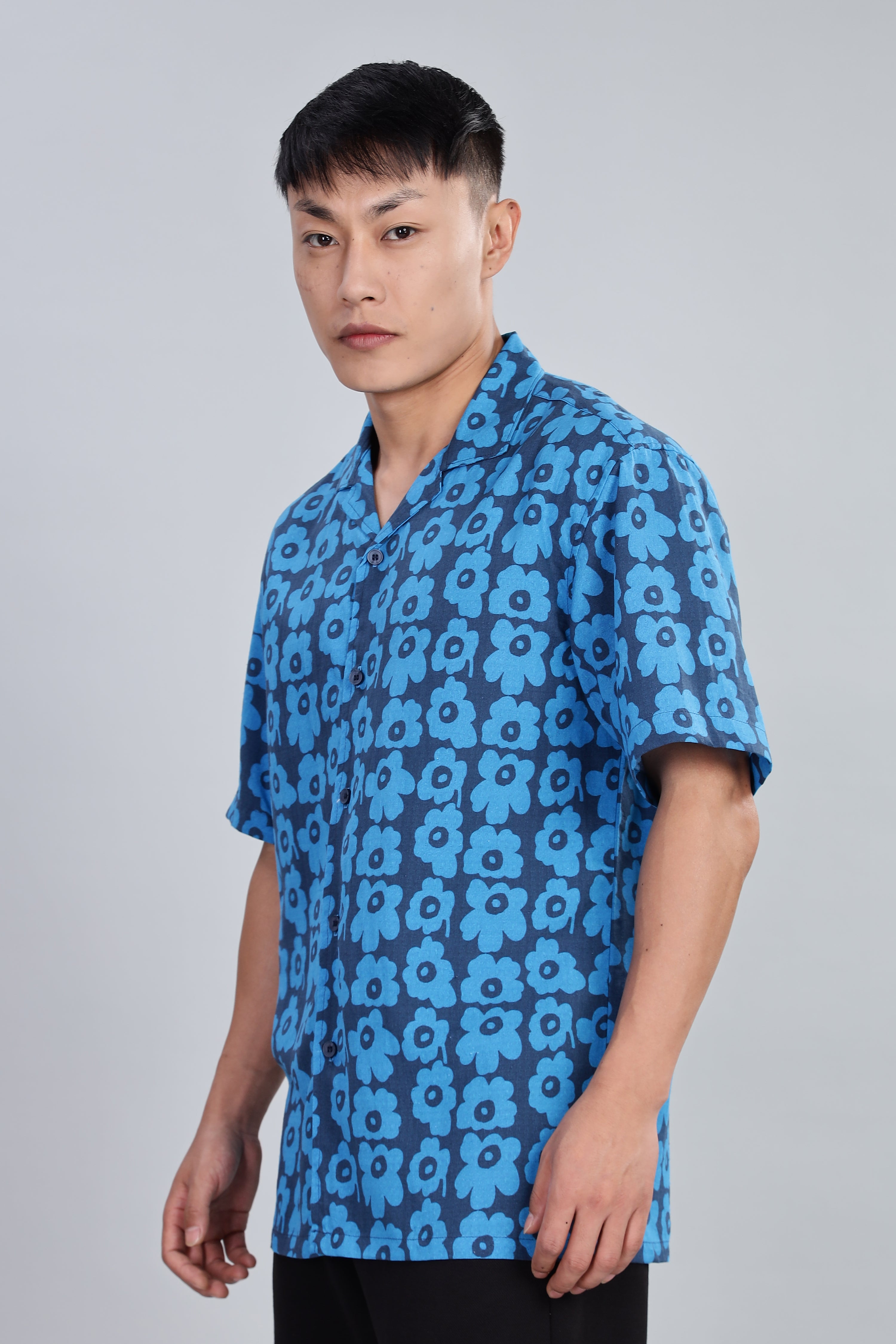 Box Fit Half Sleeve Blue Shirt in Tencel and Linen