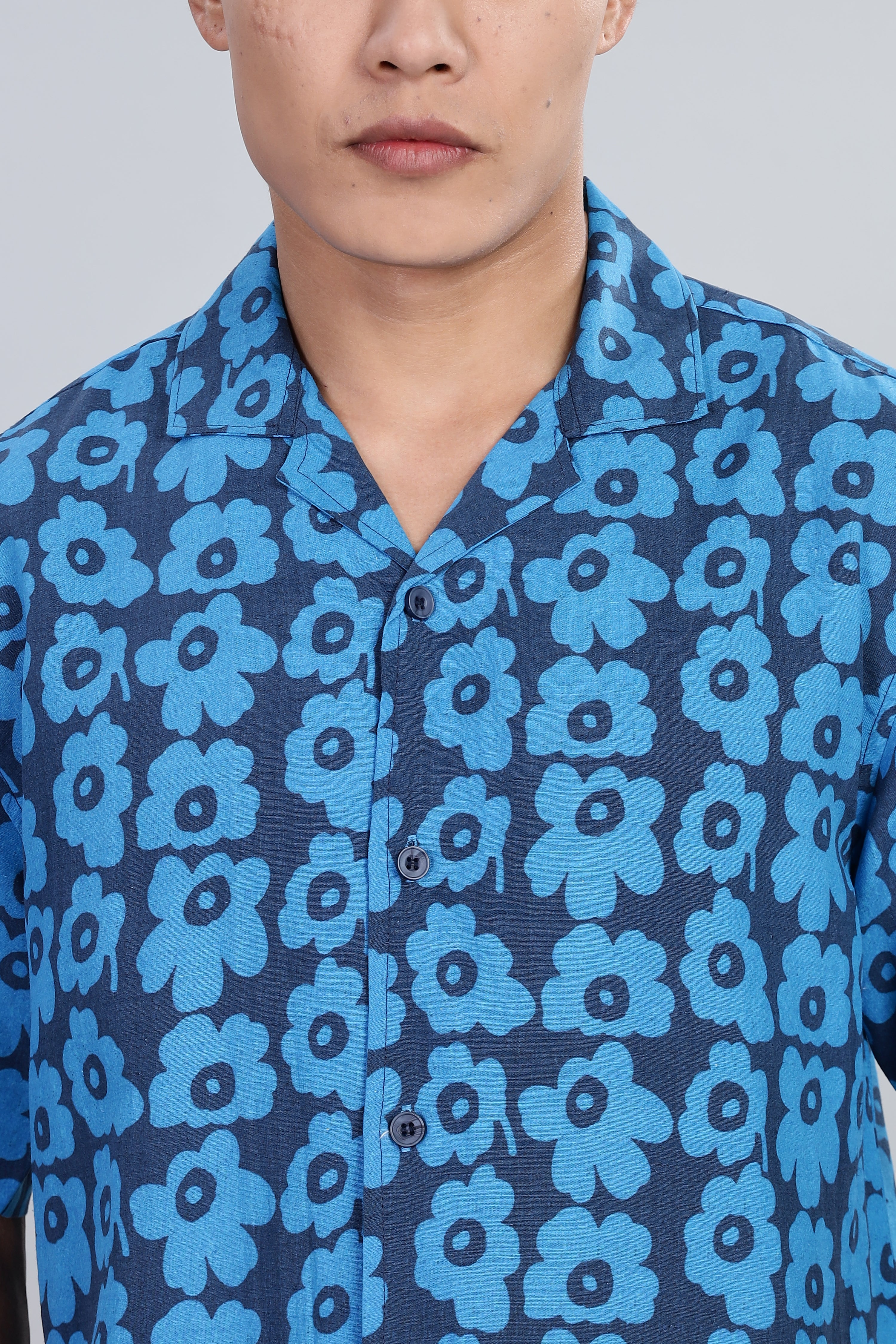 Box Fit Half Sleeve Blue Shirt in Tencel and Linen