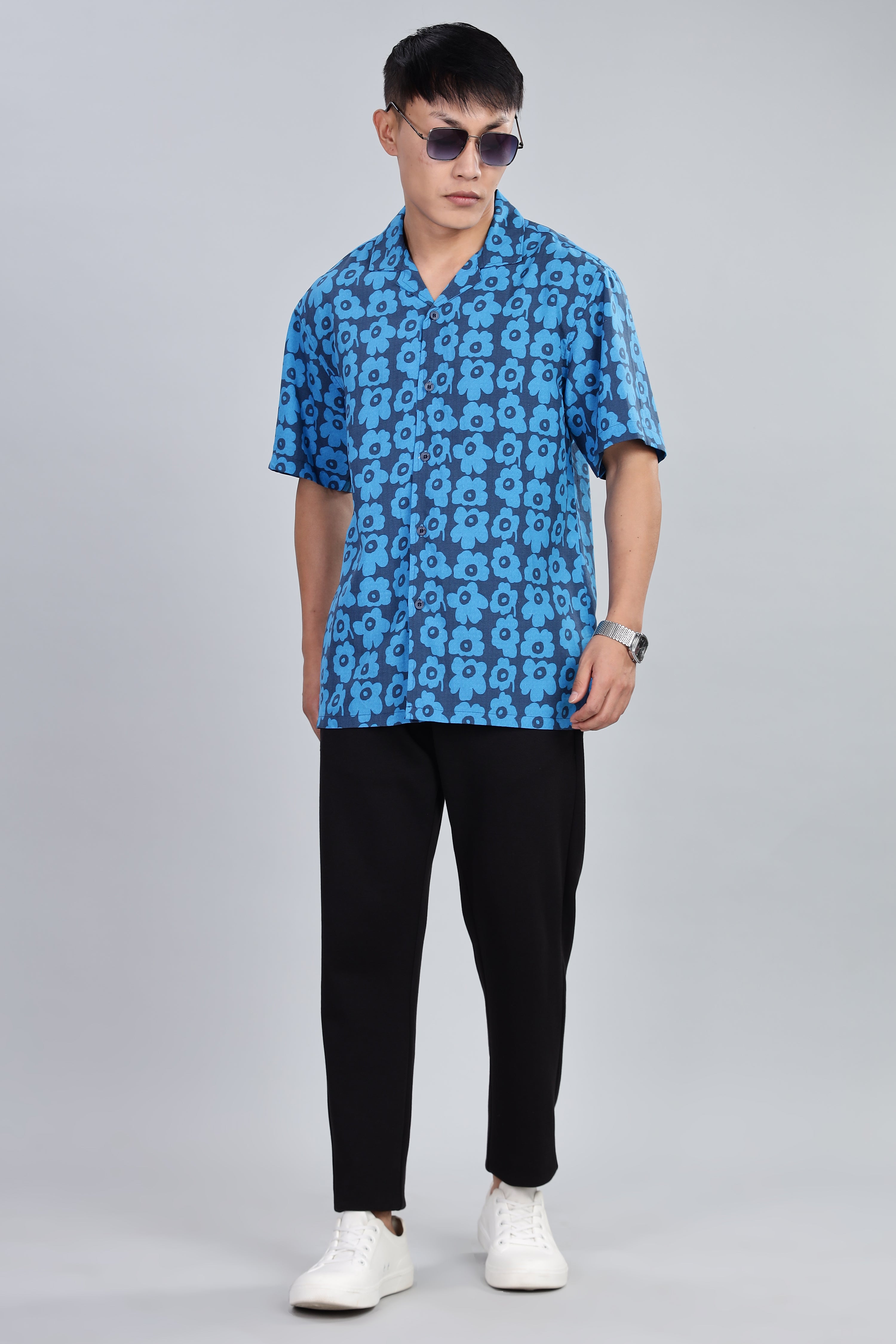 Box Fit Half Sleeve Blue Shirt in Tencel and Linen