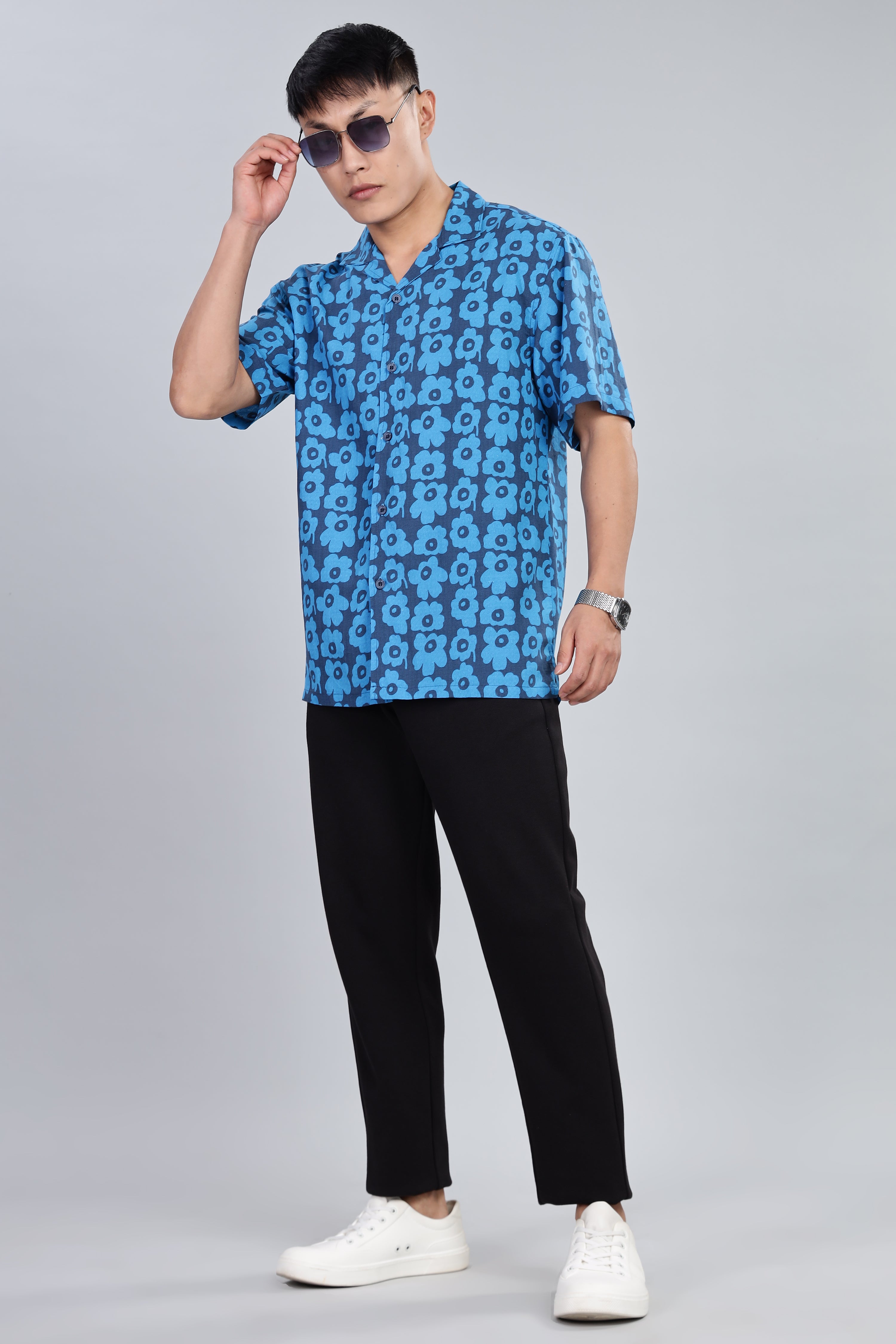 Box Fit Half Sleeve Blue Shirt in Tencel and Linen
