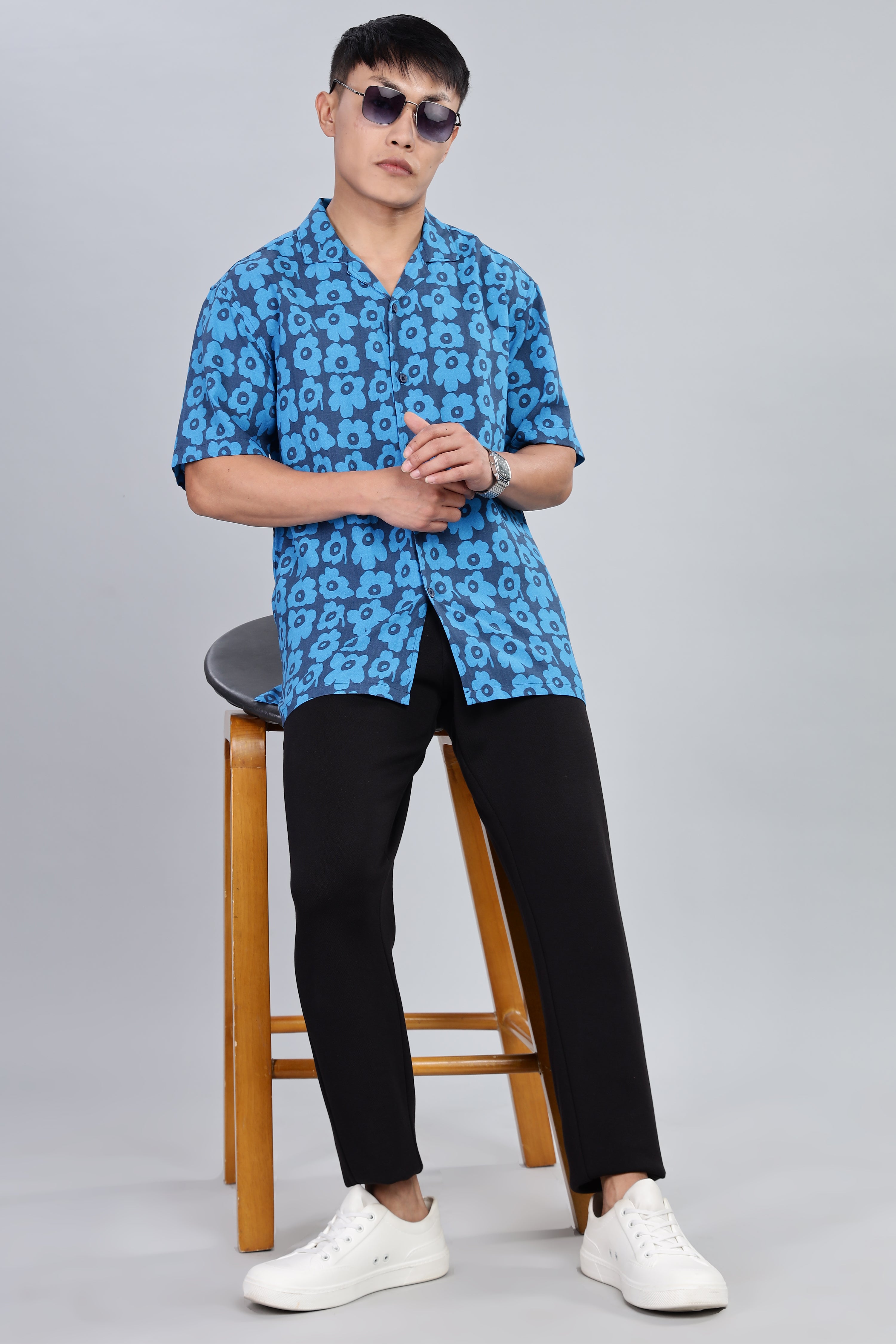 Box Fit Half Sleeve Blue Shirt in Tencel and Linen
