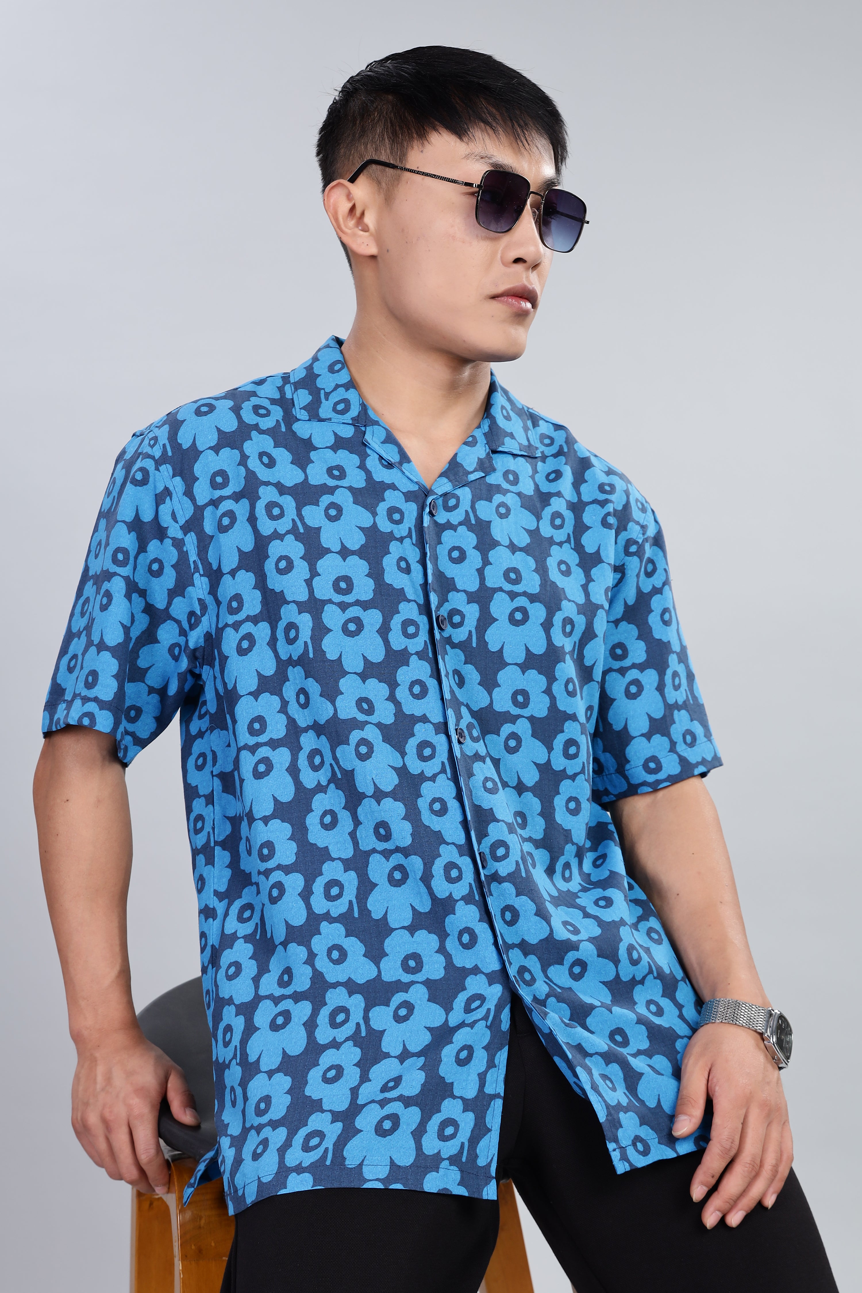 Box Fit Half Sleeve Blue Shirt in Tencel and Linen