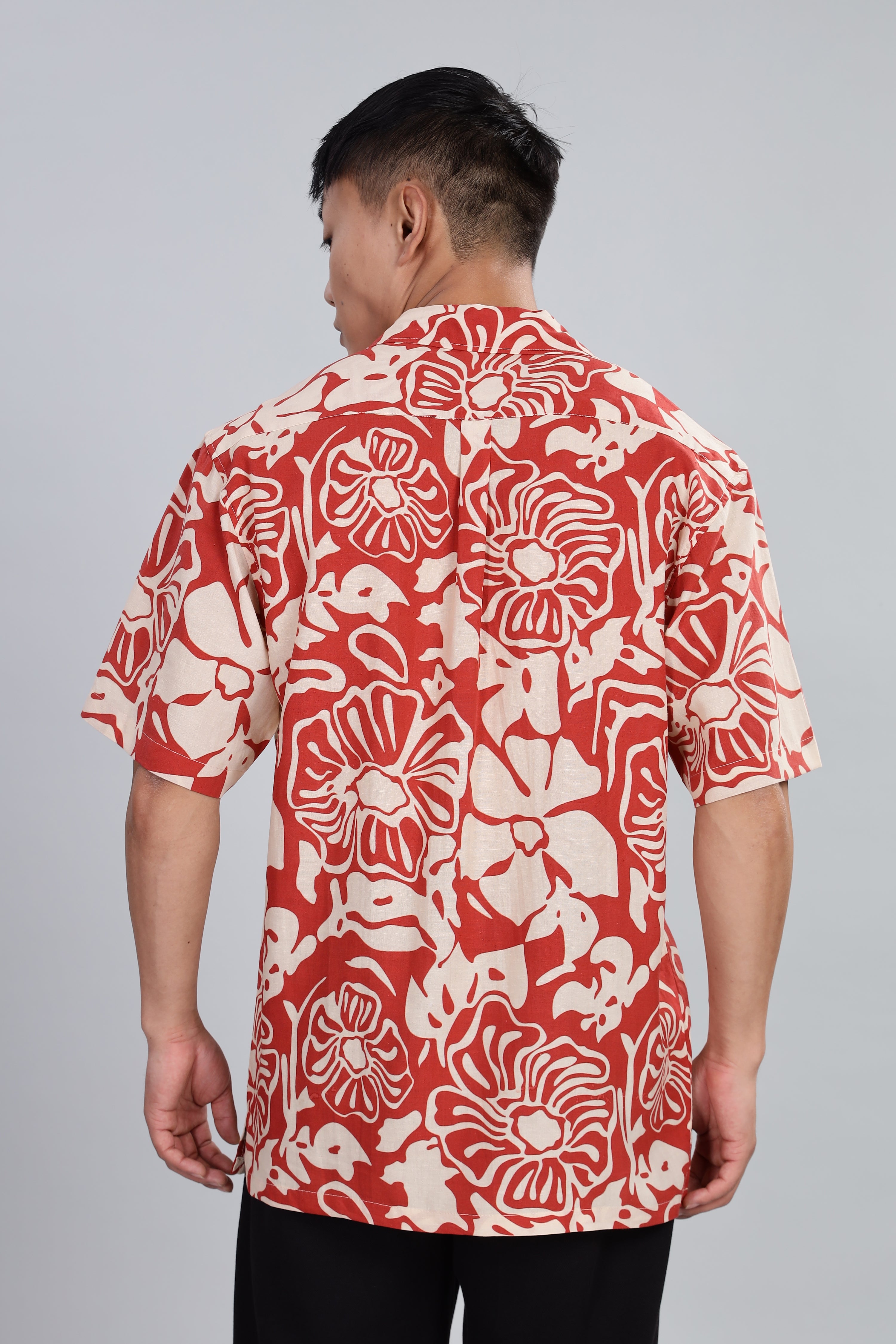 Box Fit Half Sleeve Red Shirt in Tencel and Linen