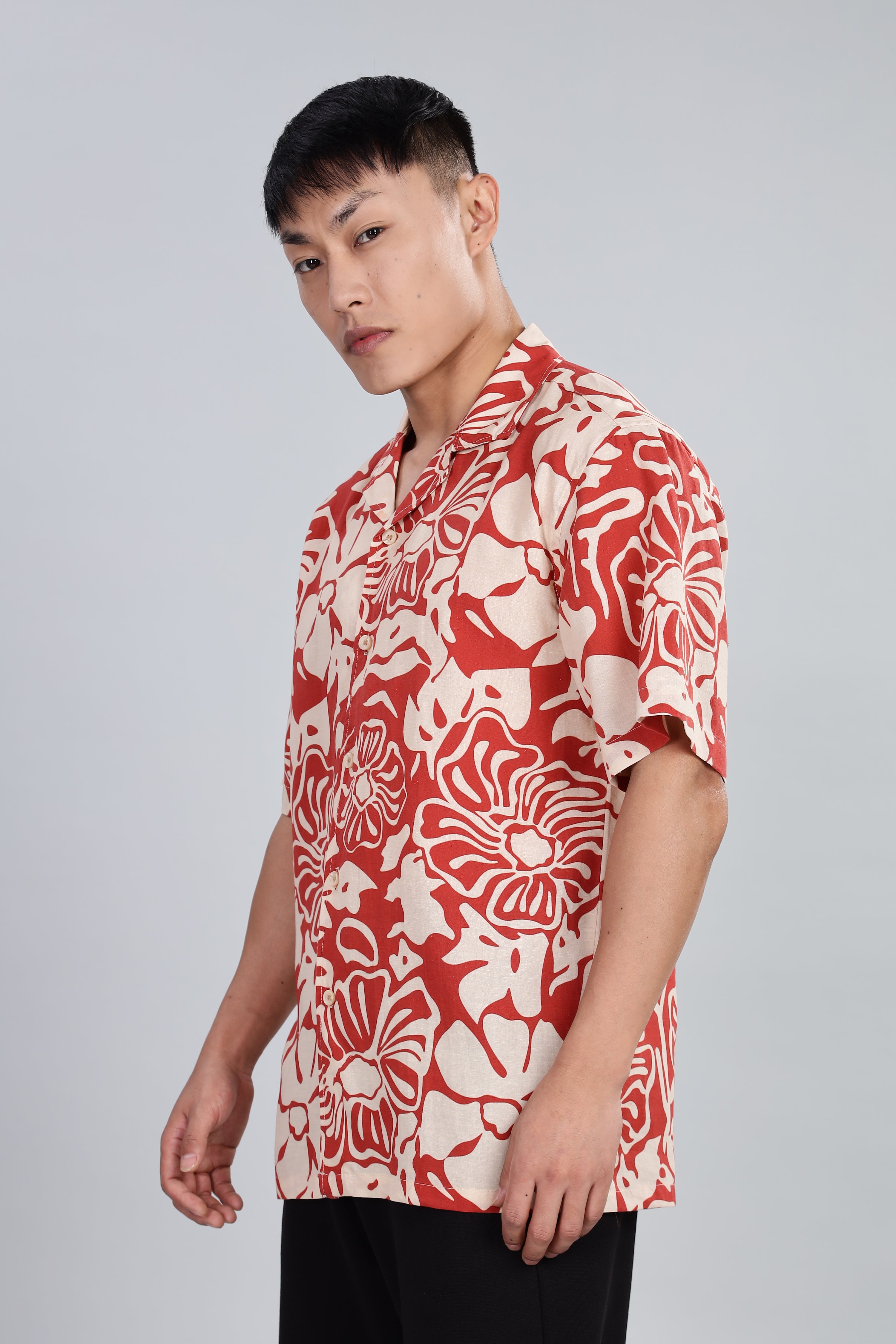 Box Fit Half Sleeve Red Shirt in Tencel and Linen