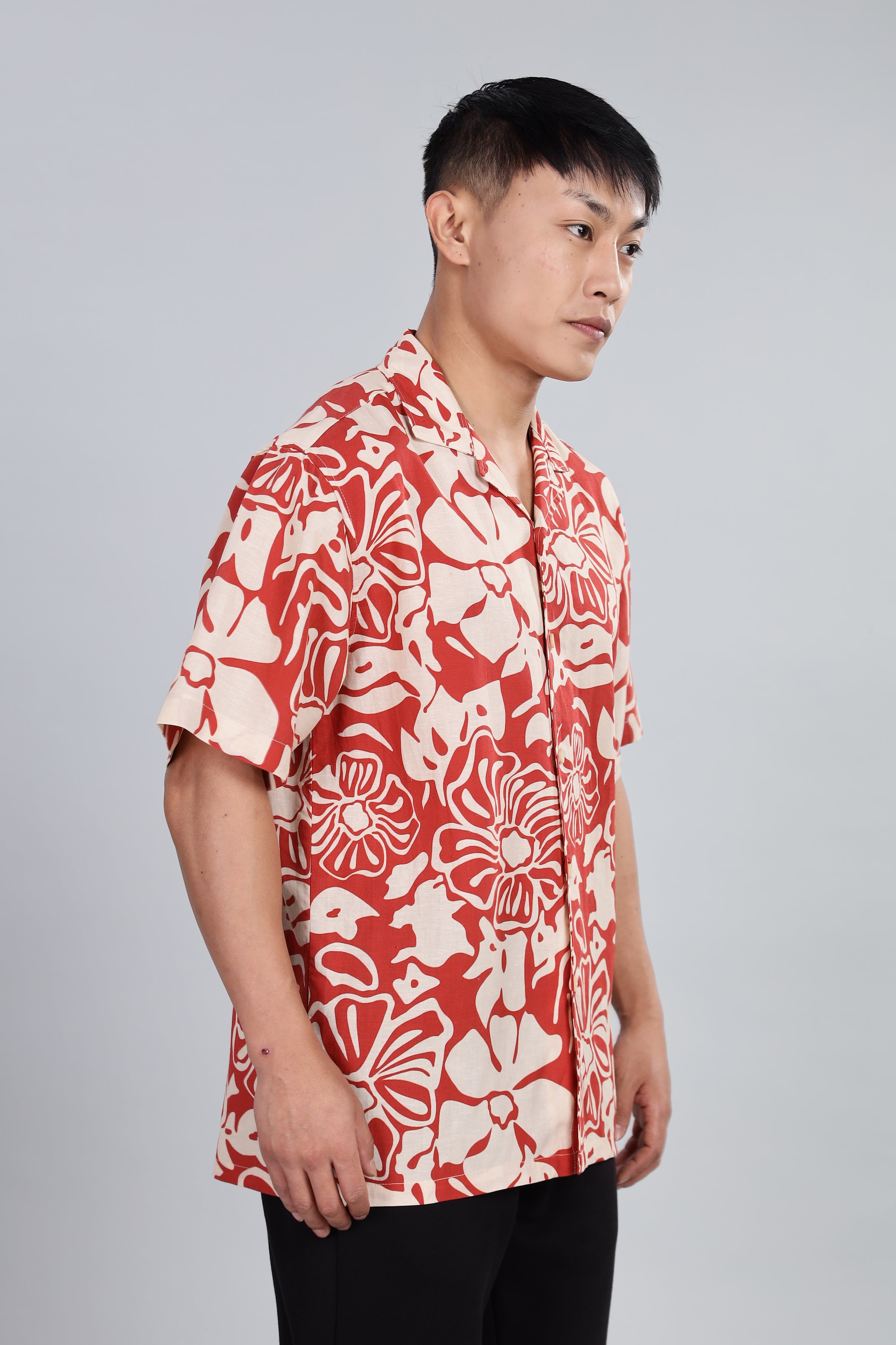 Box Fit Half Sleeve Red Shirt in Tencel and Linen