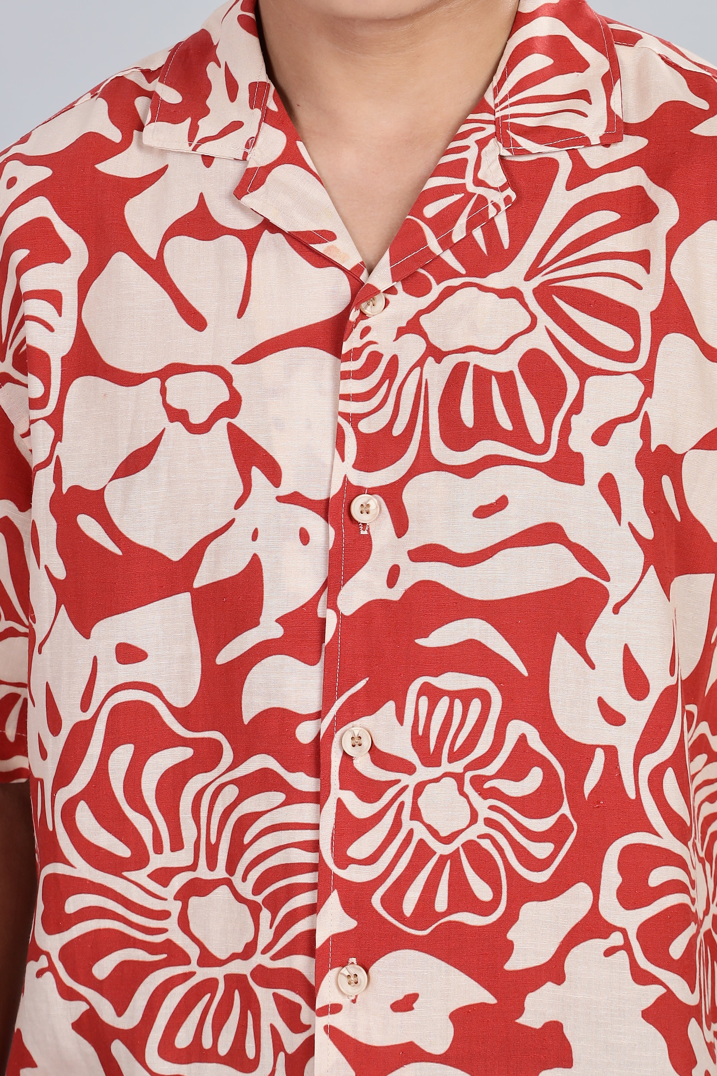 Box Fit Half Sleeve Red Shirt in Tencel and Linen