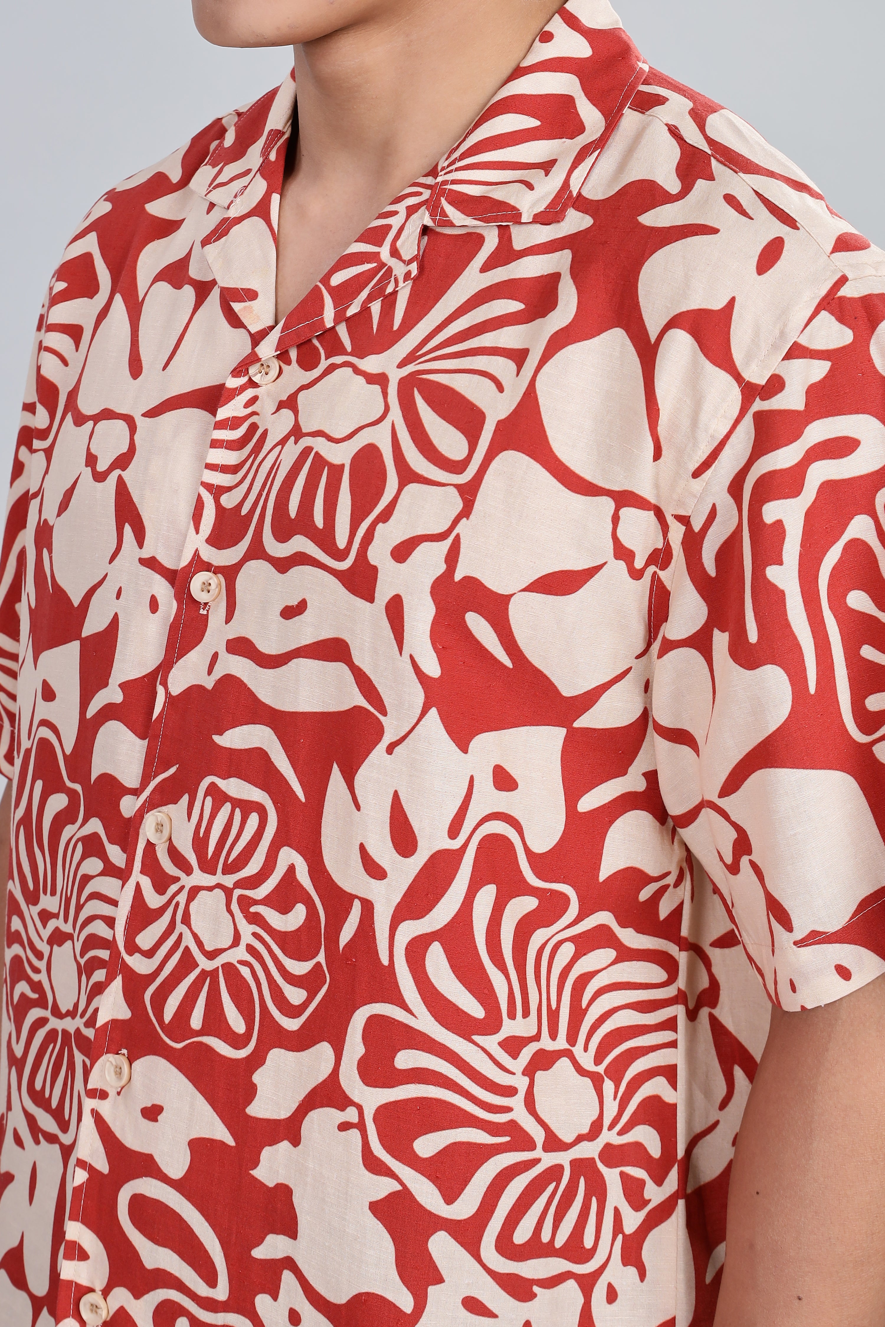 Box Fit Half Sleeve Red Shirt in Tencel and Linen