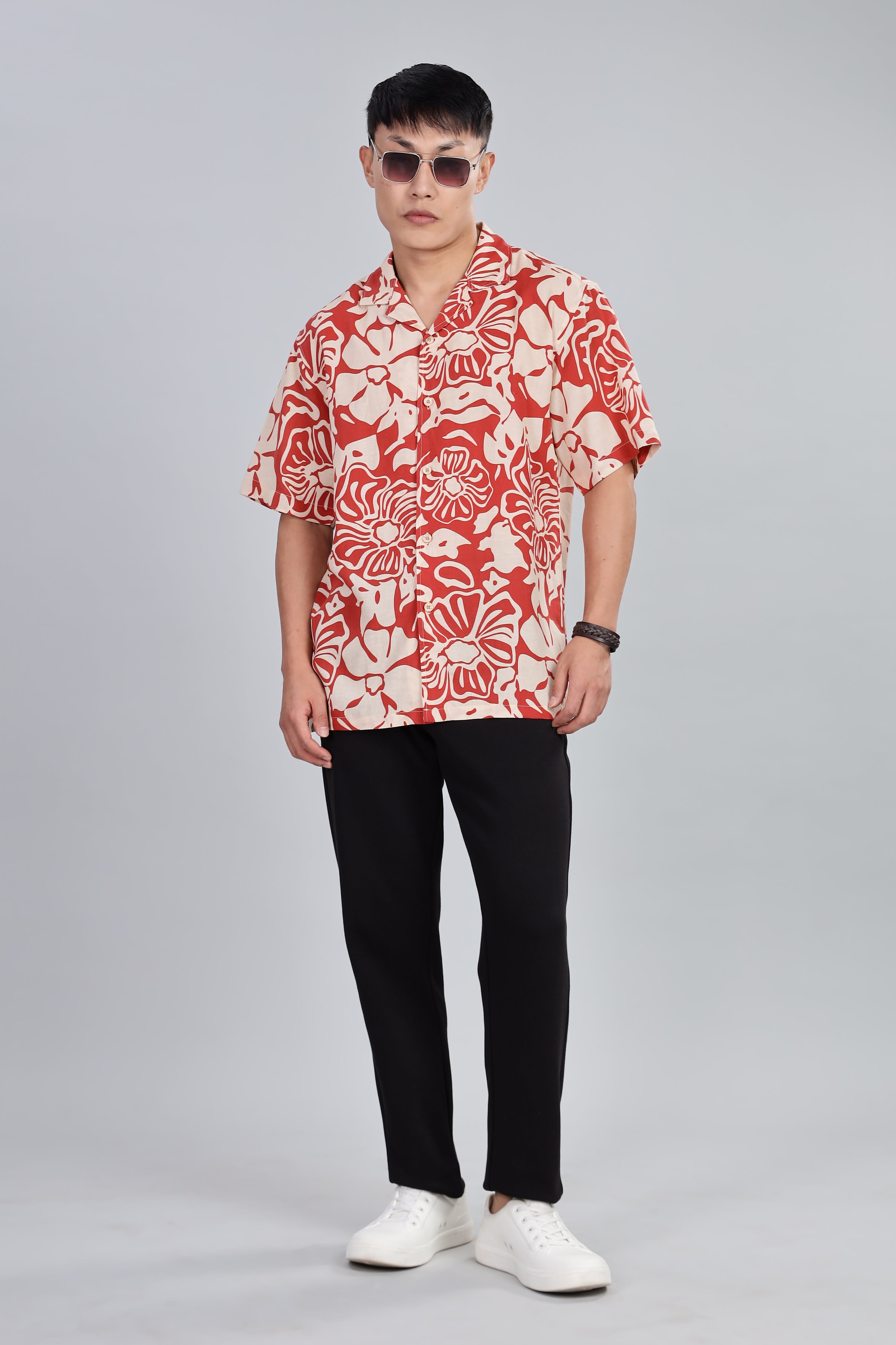 Box Fit Half Sleeve Red Shirt in Tencel and Linen