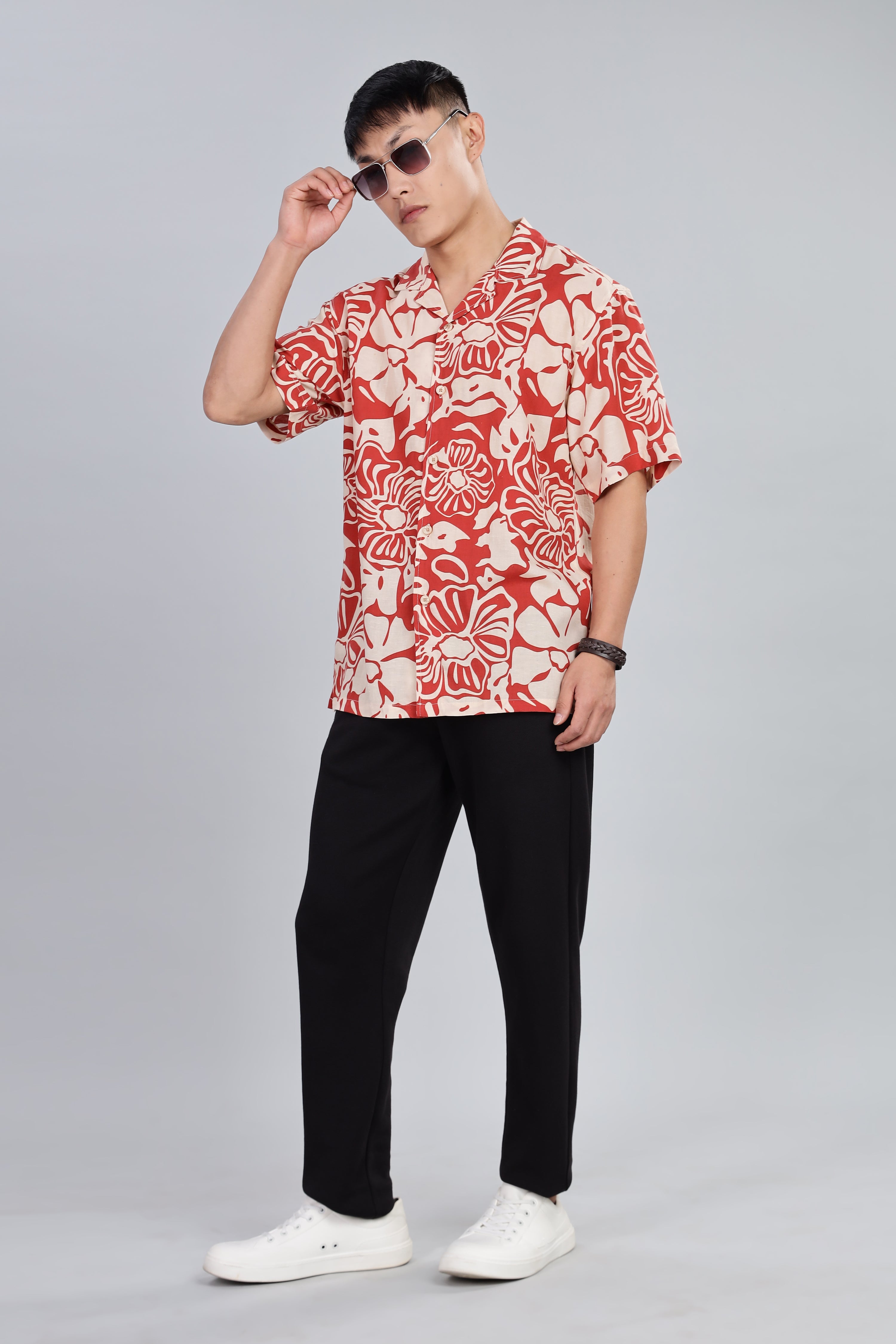 Box Fit Half Sleeve Red Shirt in Tencel and Linen