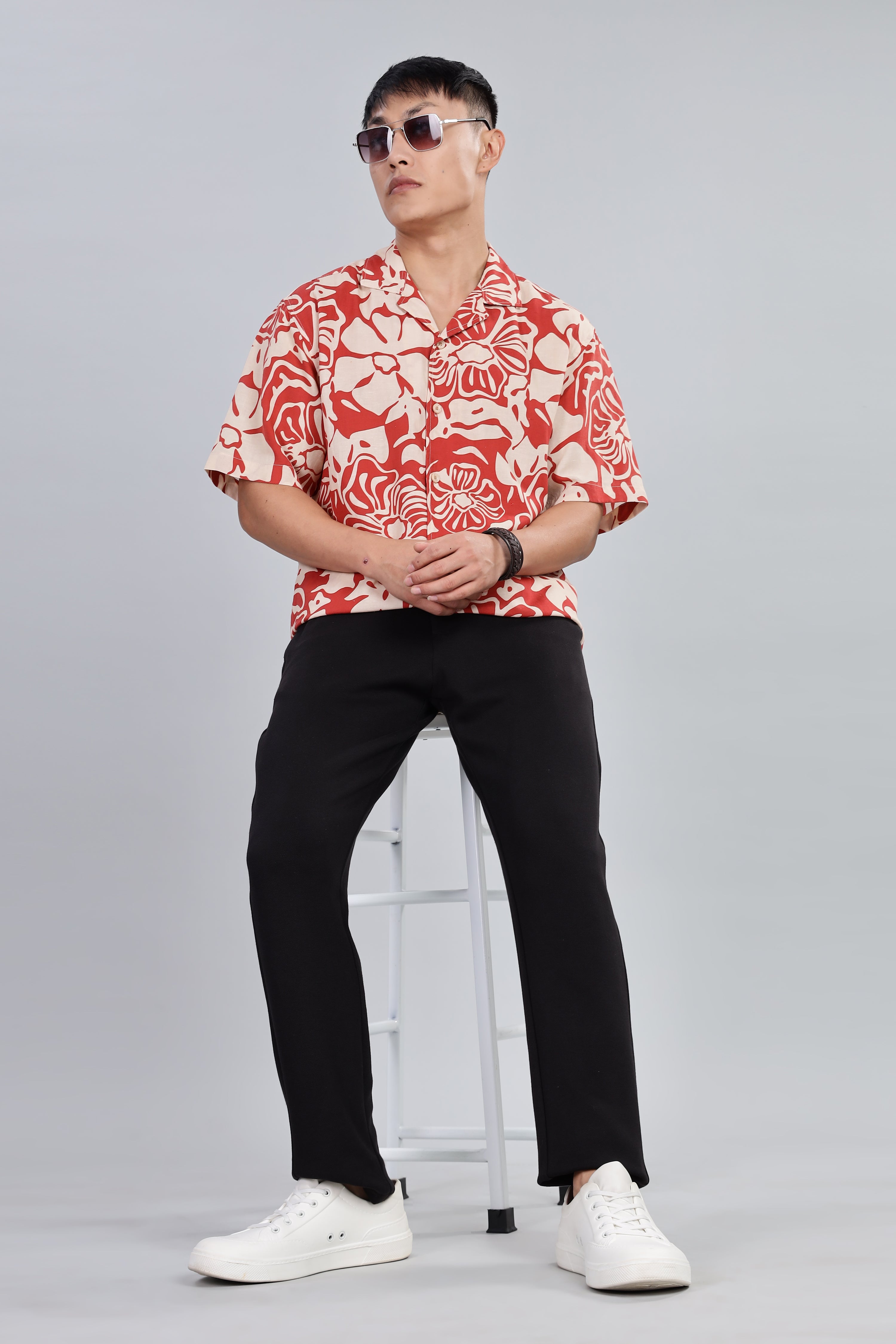 Box Fit Half Sleeve Red Shirt in Tencel and Linen
