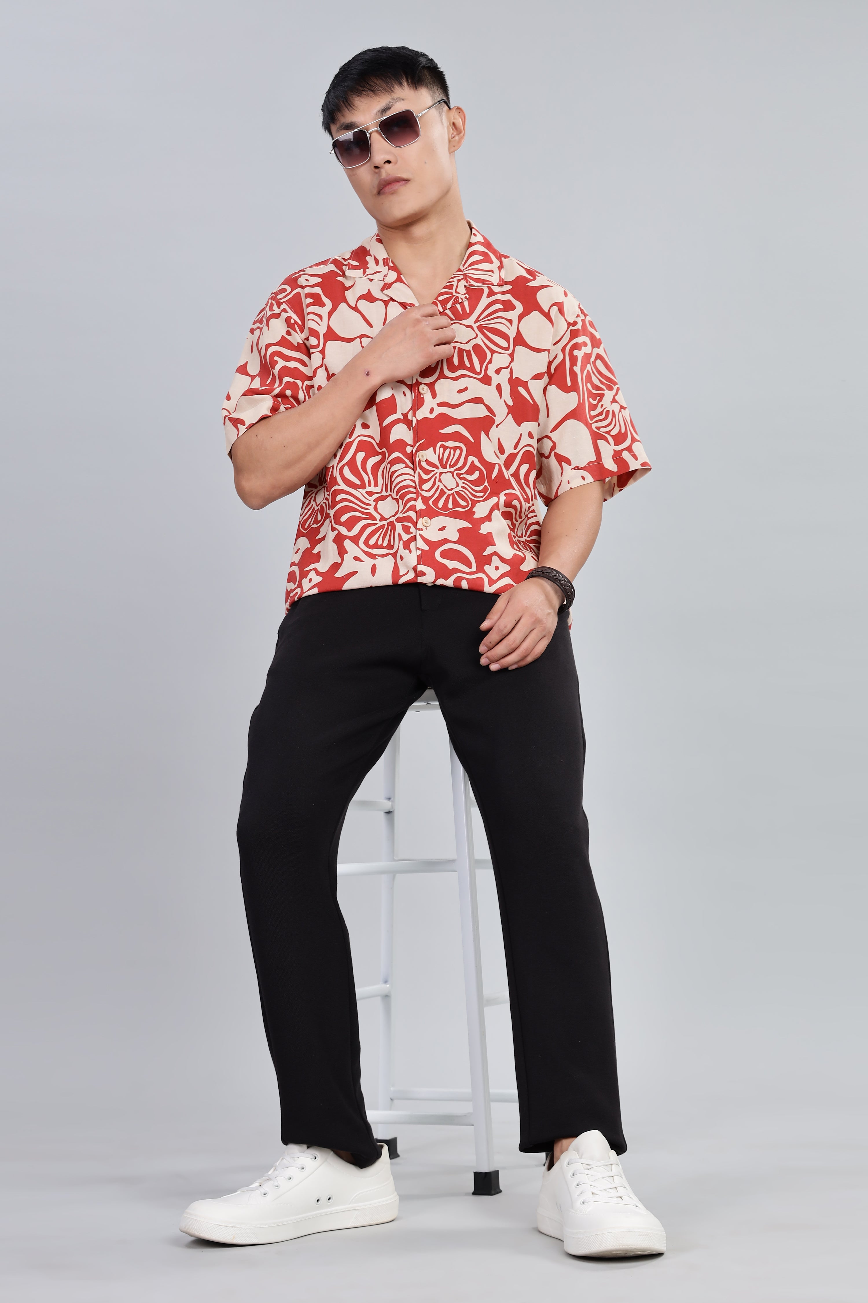 Box Fit Half Sleeve Red Shirt in Tencel and Linen