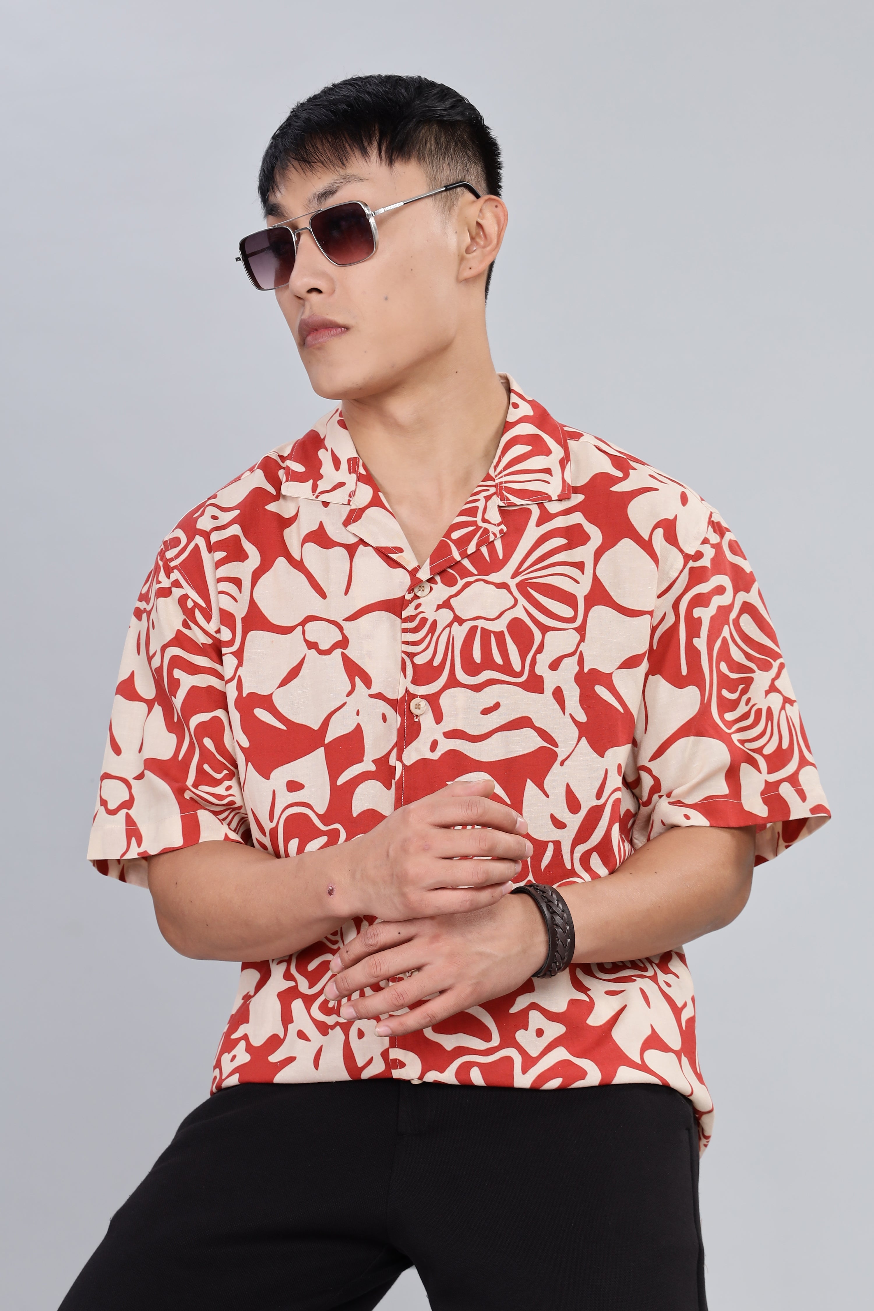 Box Fit Half Sleeve Red Shirt in Tencel and Linen