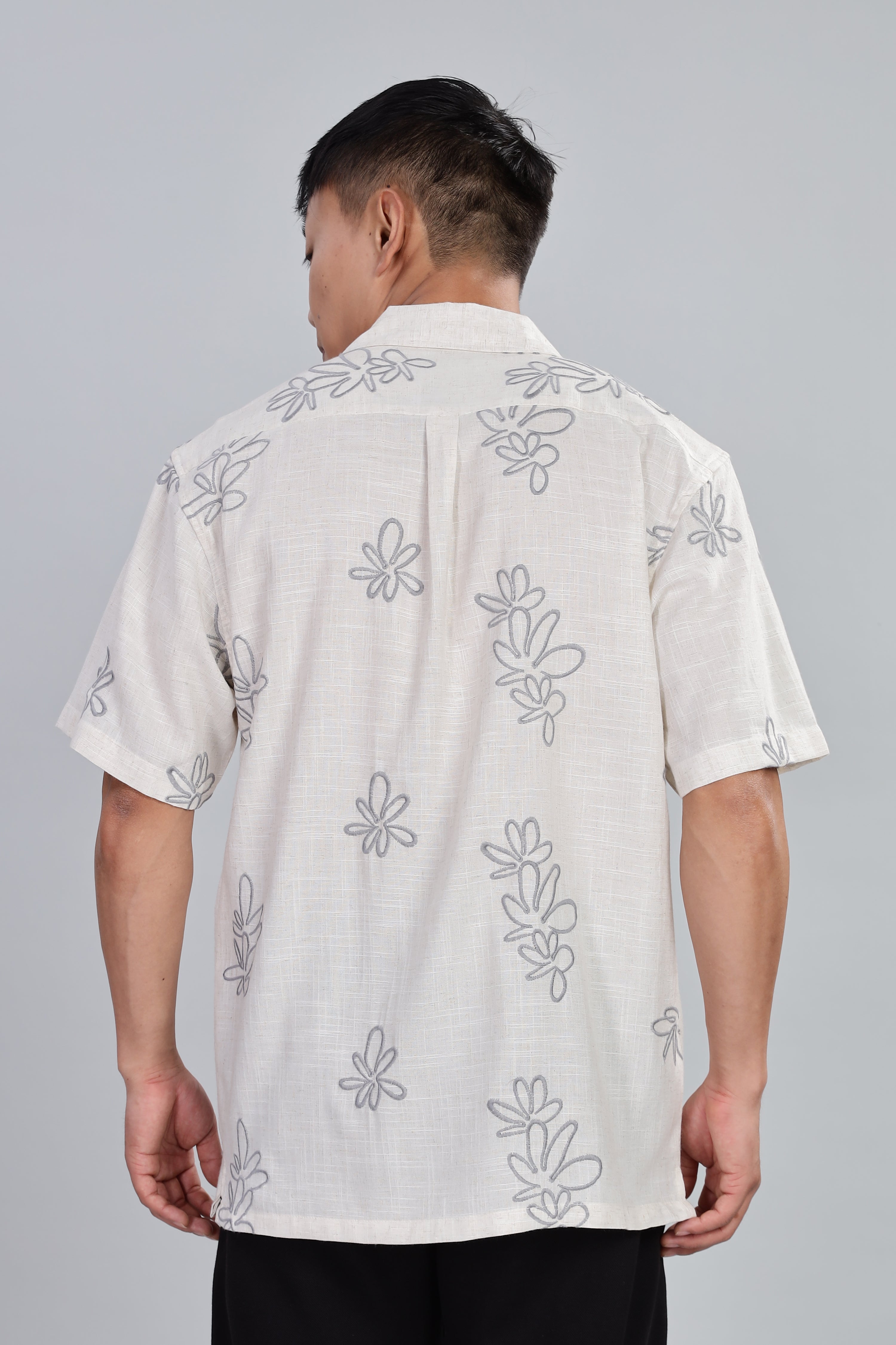 Pure Linen Box Fit Half Sleeve Shirt with Thread Embroidery
