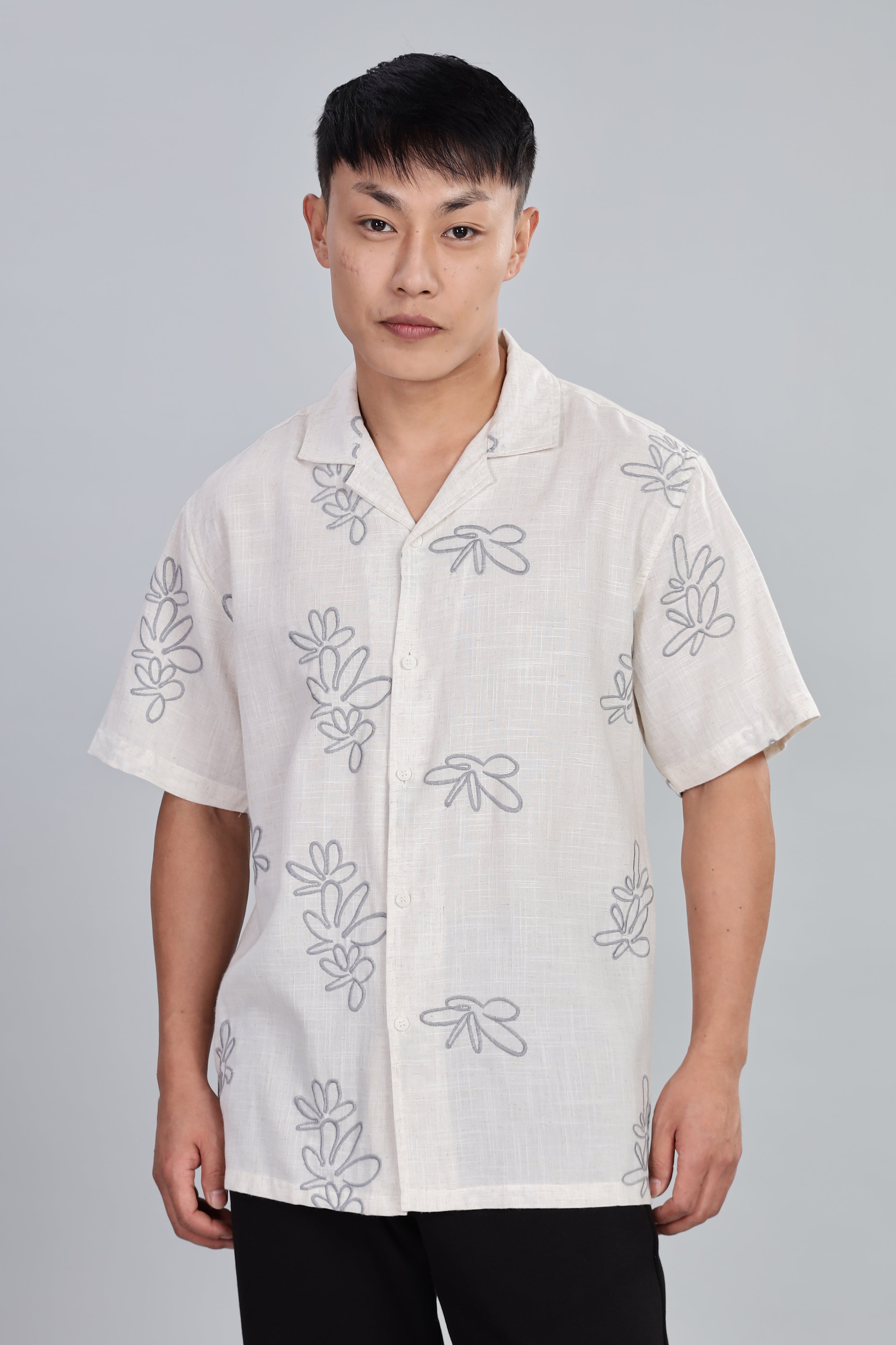 Pure Linen Box Fit Half Sleeve Shirt with Thread Embroidery