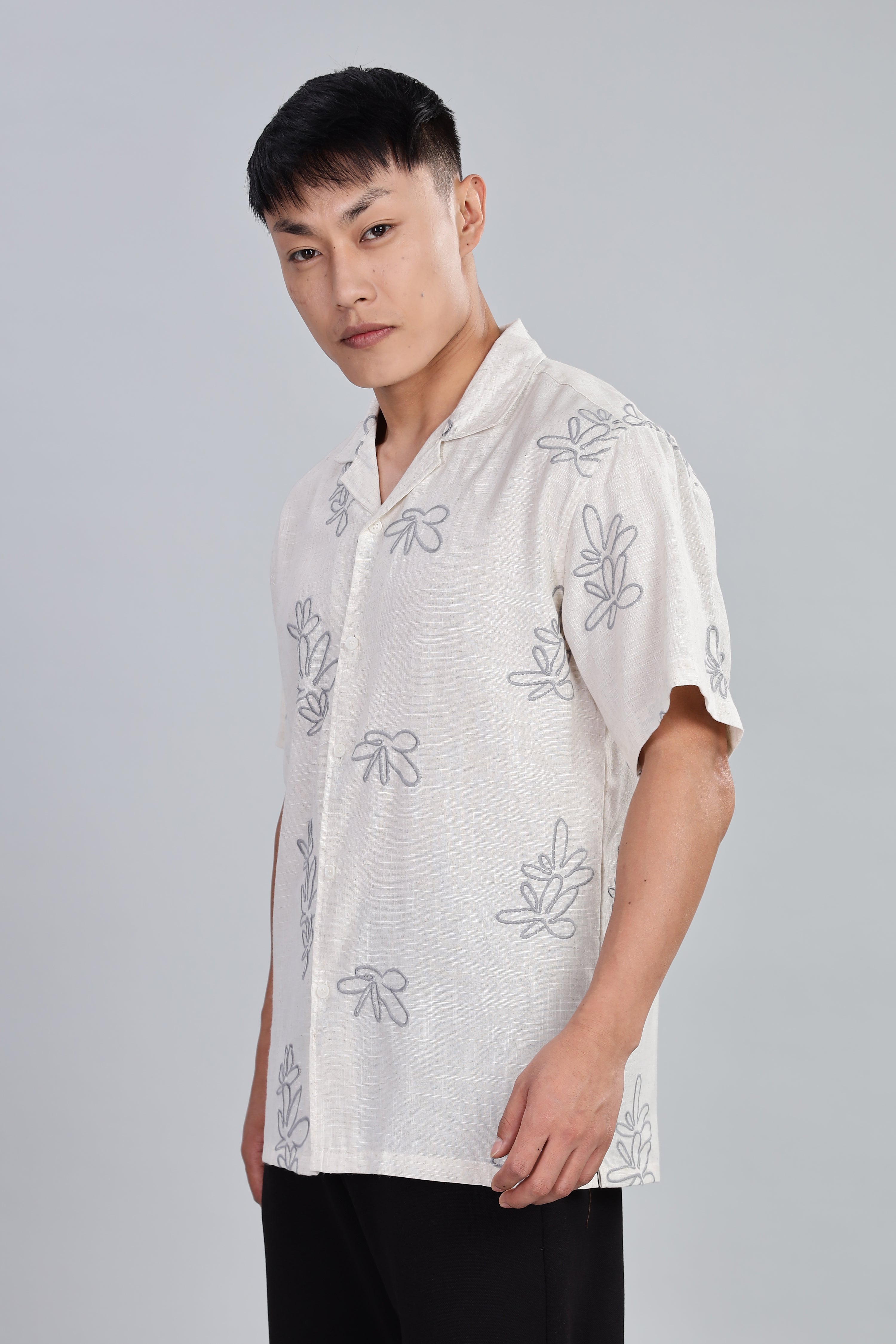 Pure Linen Box Fit Half Sleeve Shirt with Thread Embroidery