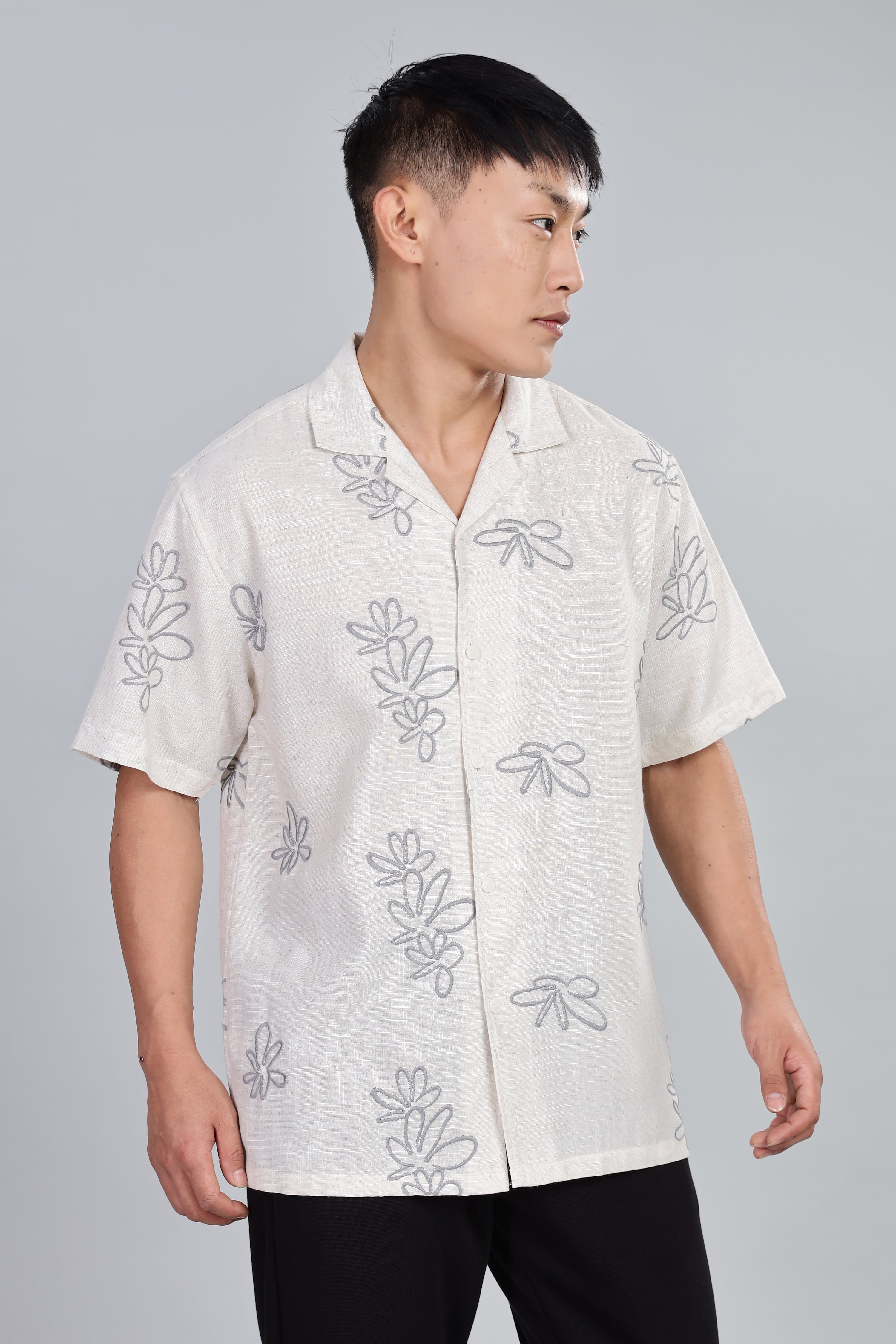 Pure Linen Box Fit Half Sleeve Shirt with Thread Embroidery