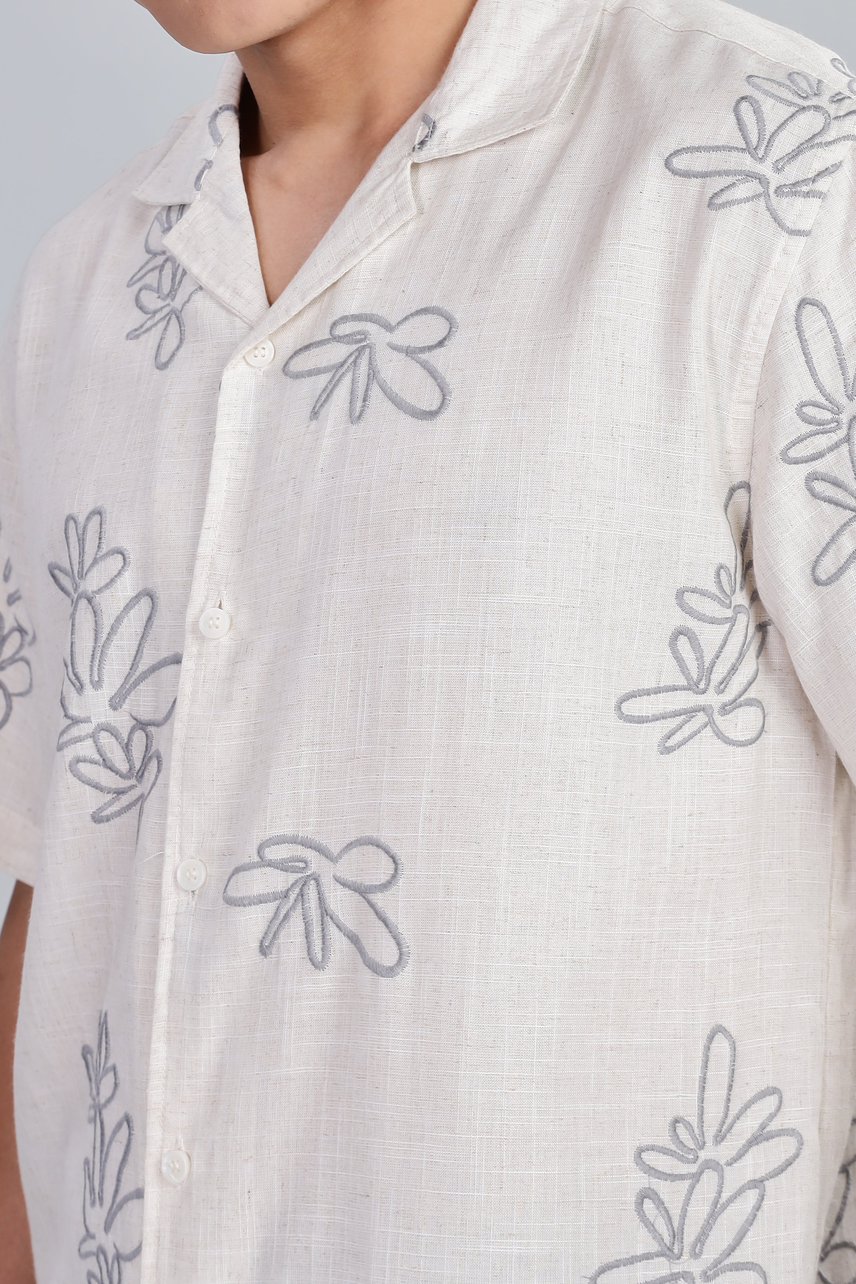 Pure Linen Box Fit Half Sleeve Shirt with Thread Embroidery