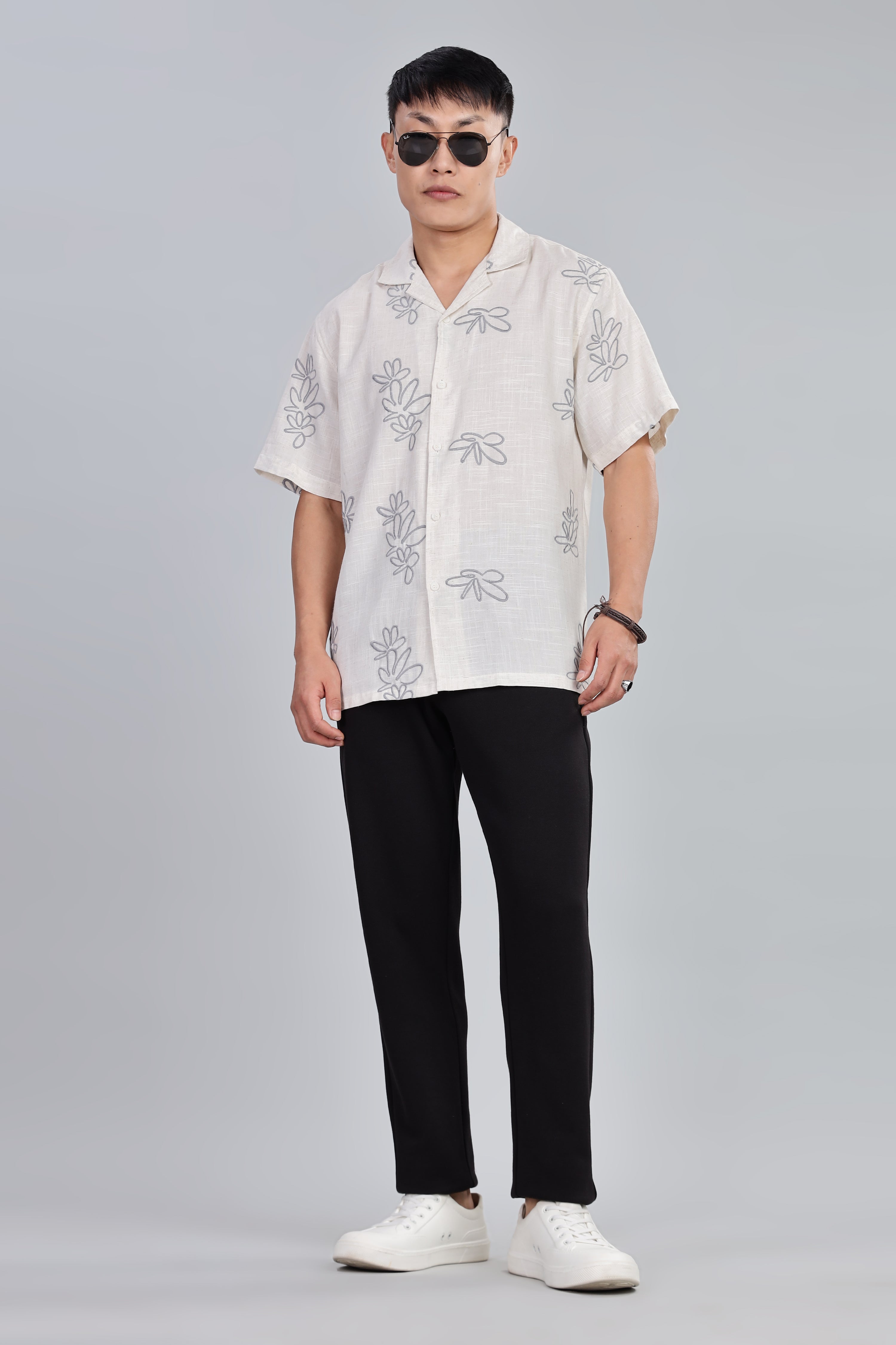 Pure Linen Box Fit Half Sleeve Shirt with Thread Embroidery