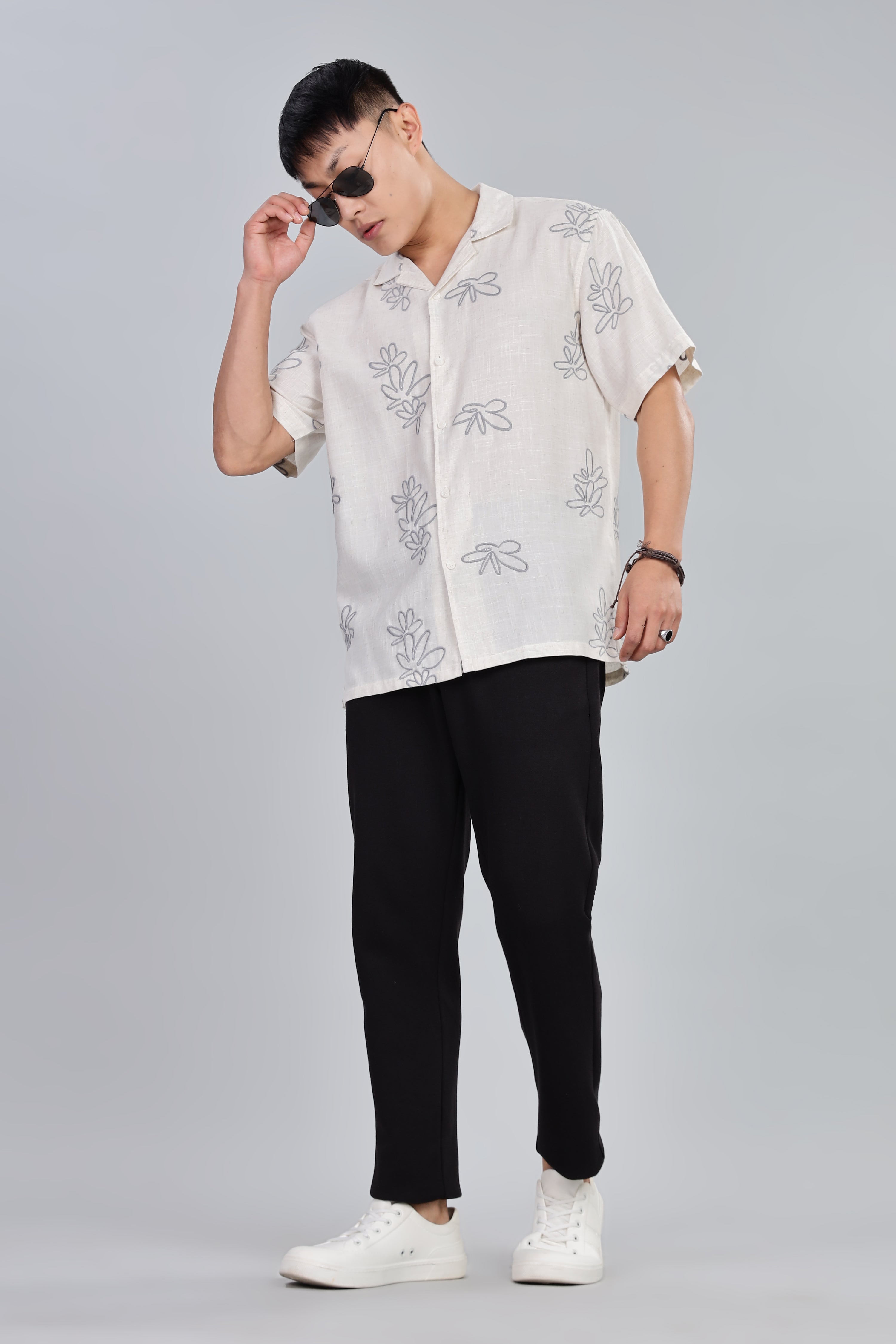 Pure Linen Box Fit Half Sleeve Shirt with Thread Embroidery