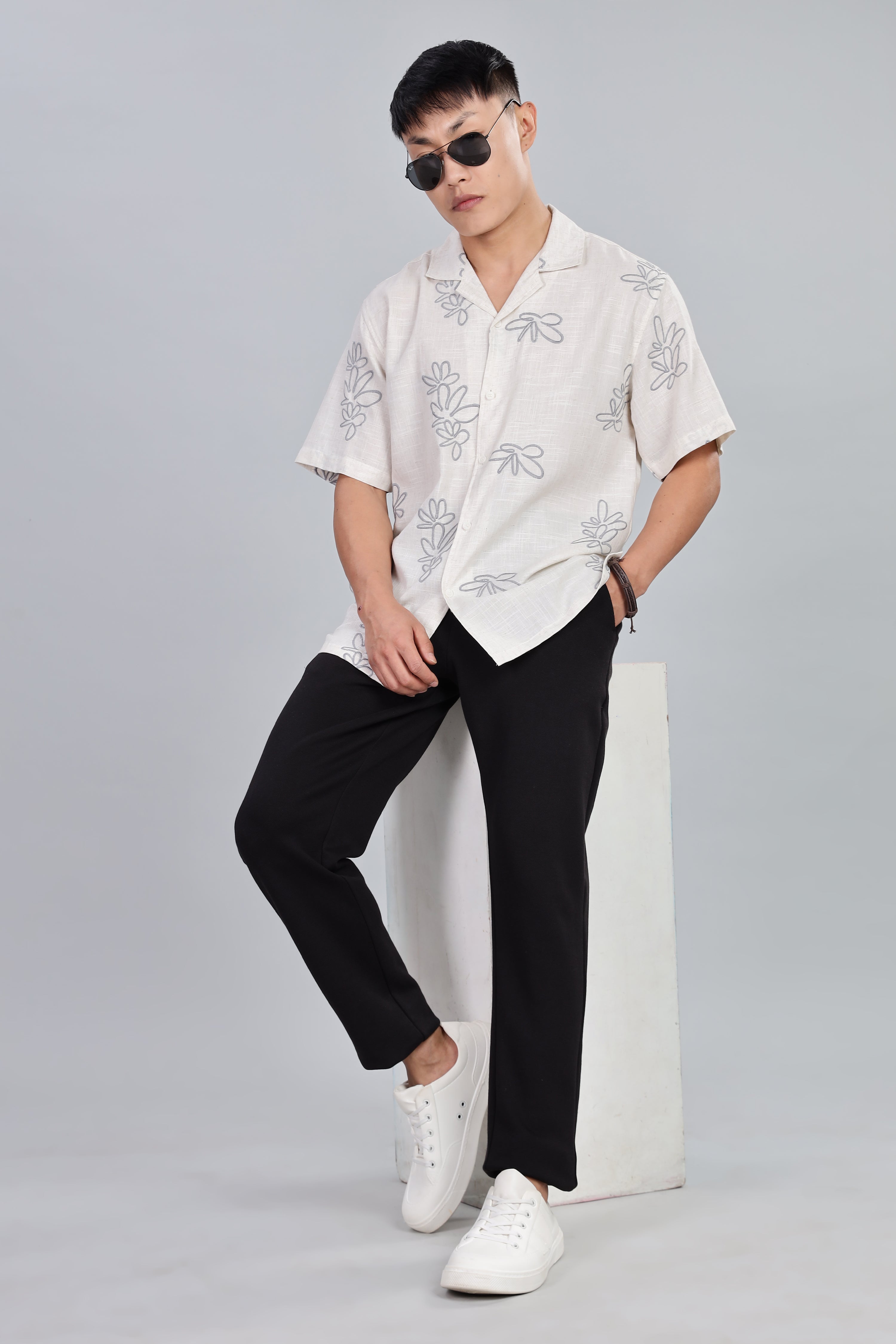 Pure Linen Box Fit Half Sleeve Shirt with Thread Embroidery