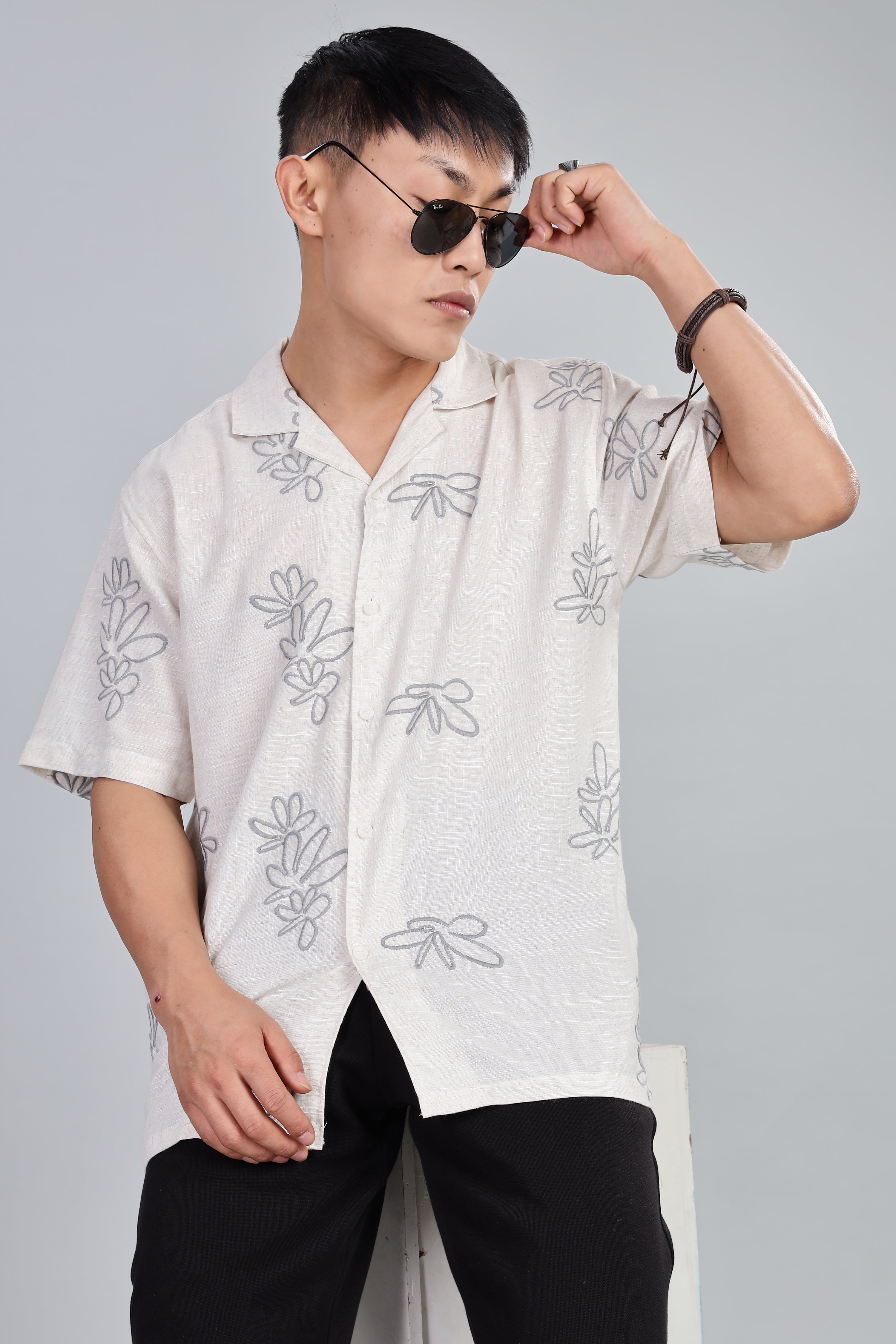 Pure Linen Box Fit Half Sleeve Shirt with Thread Embroidery