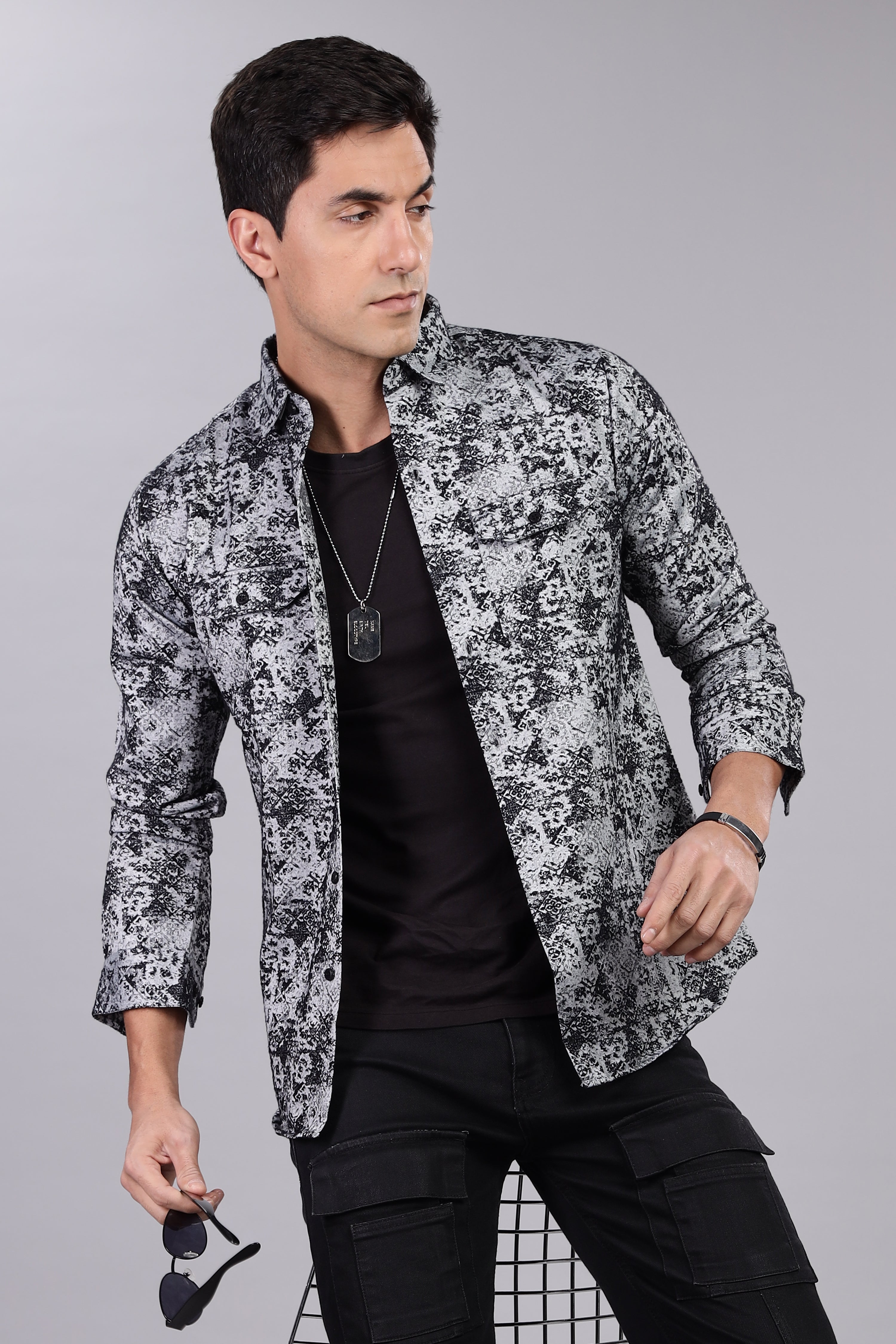 Black Corduroy Smart Fit Double Pocket Shirt