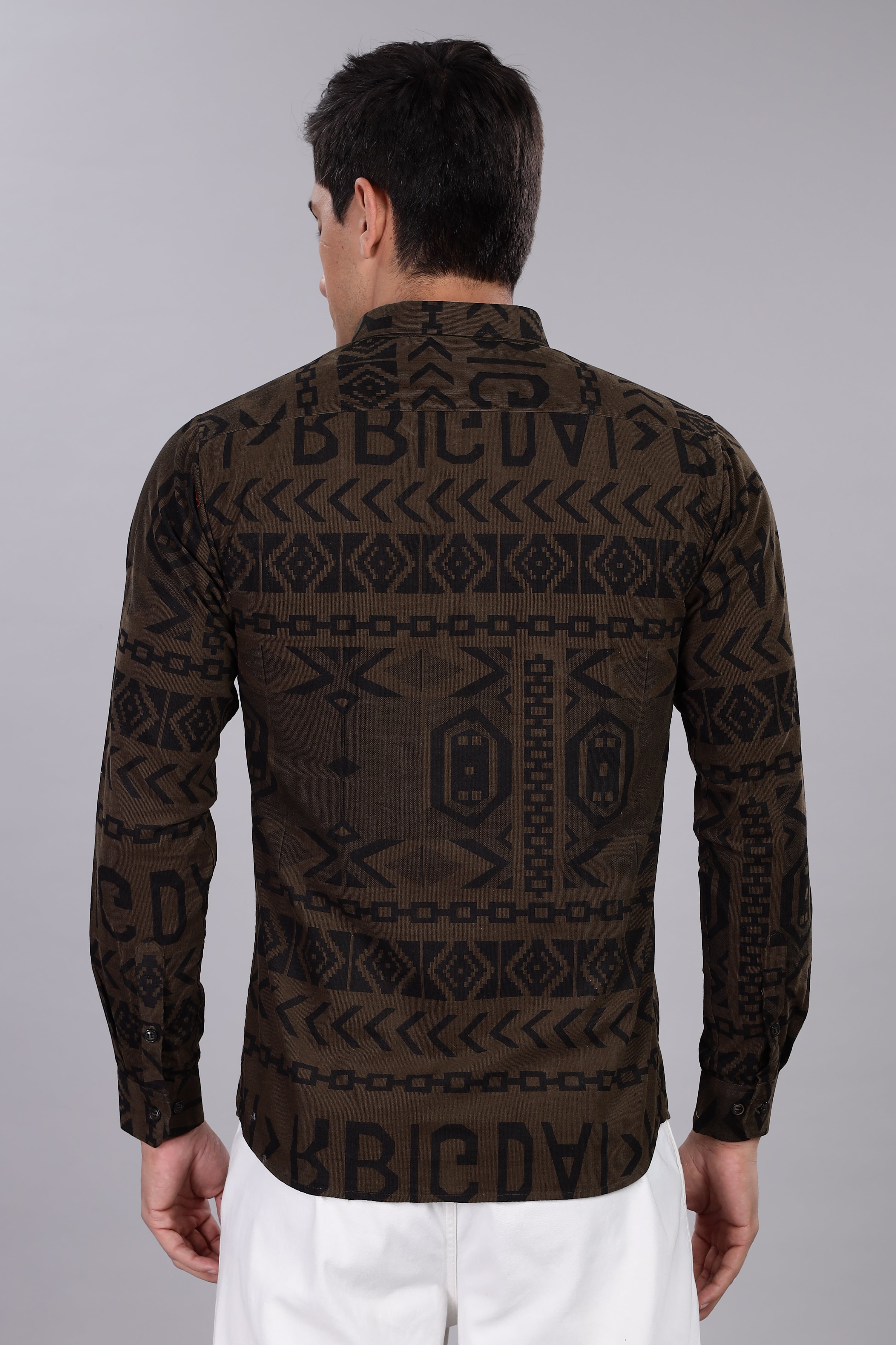 Dark Green Corduroy Slim Fit Shirt with Alphabetic Design