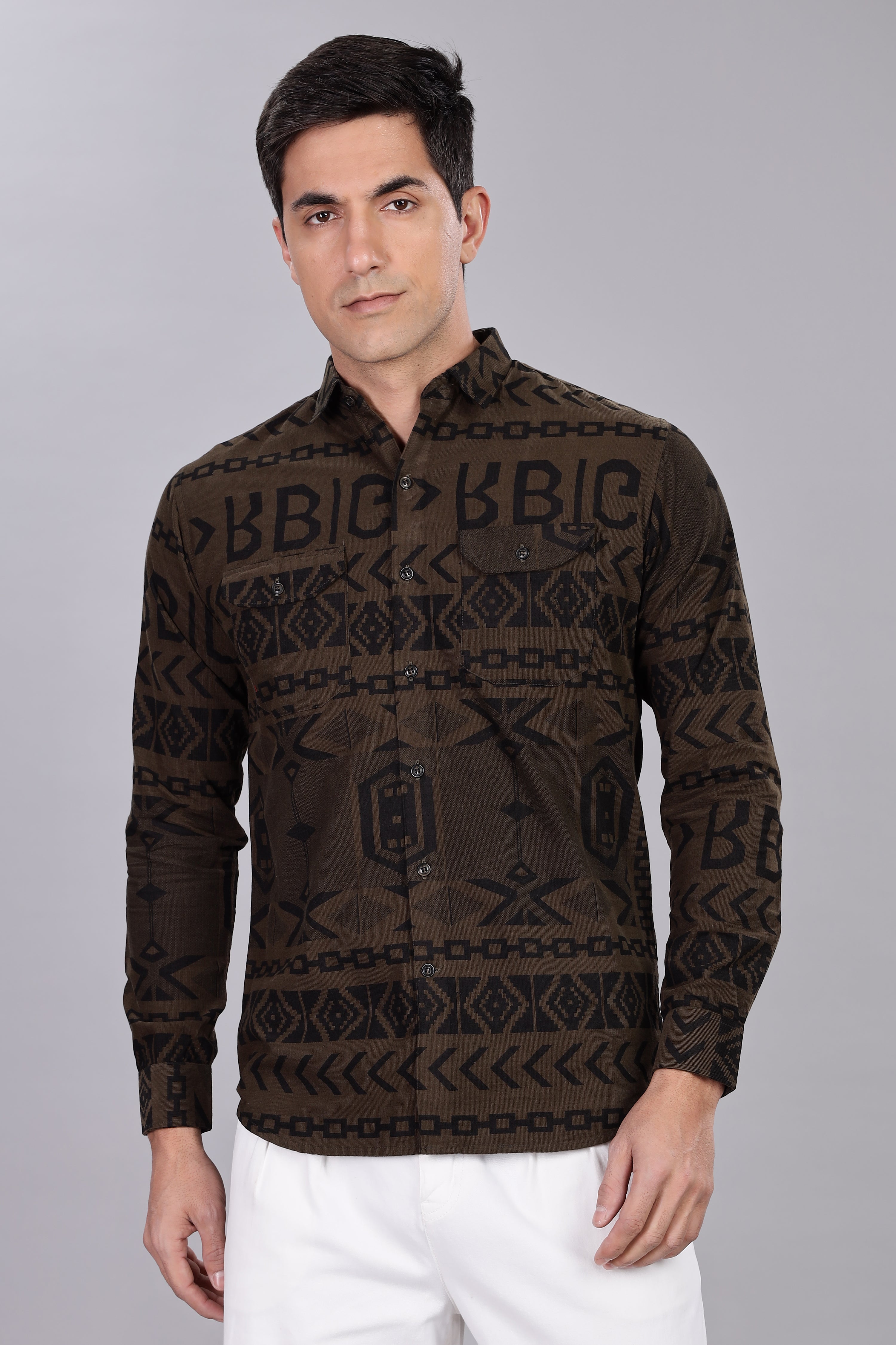 Dark Green Corduroy Slim Fit Shirt with Alphabetic Design