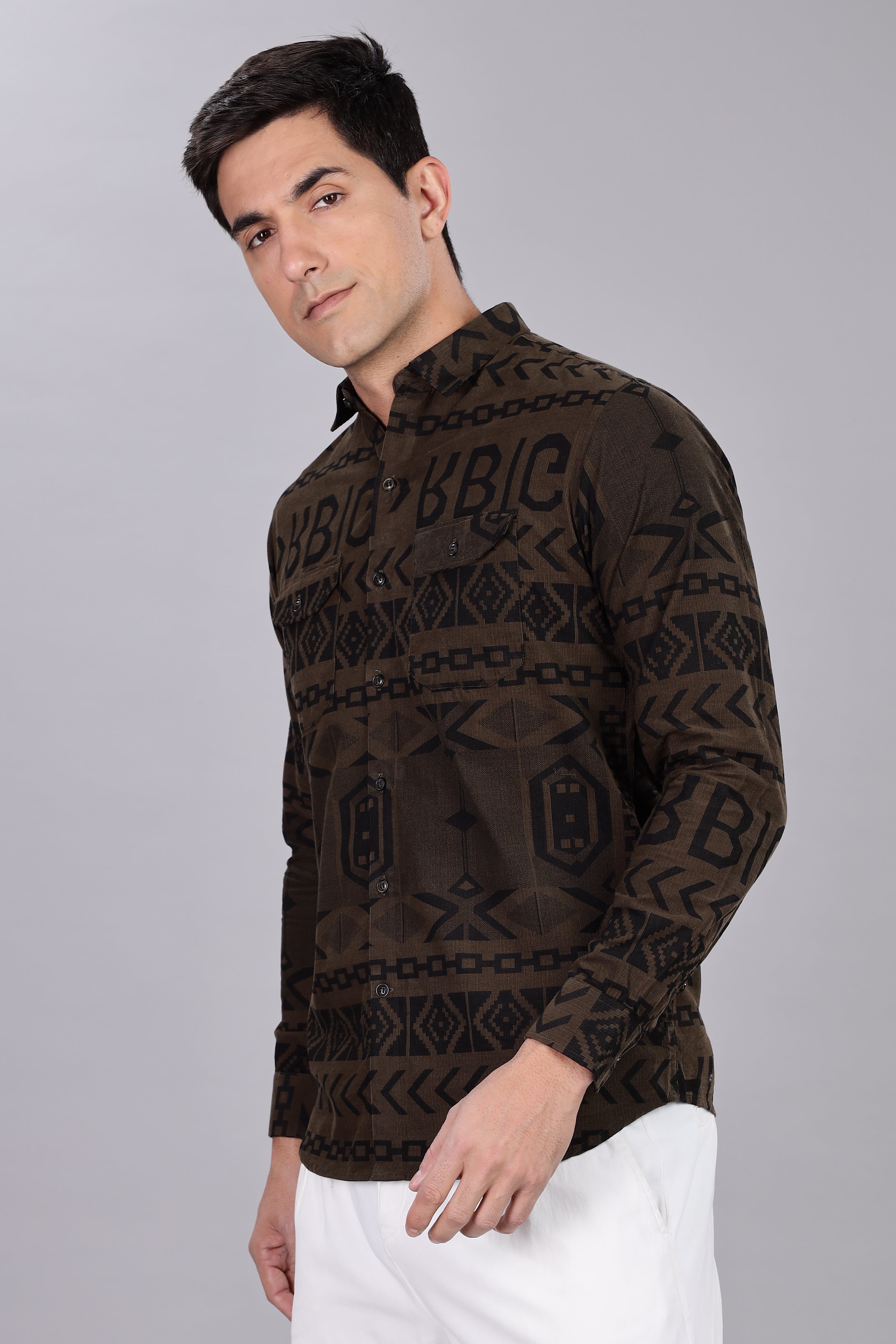 Dark Green Corduroy Slim Fit Shirt with Alphabetic Design