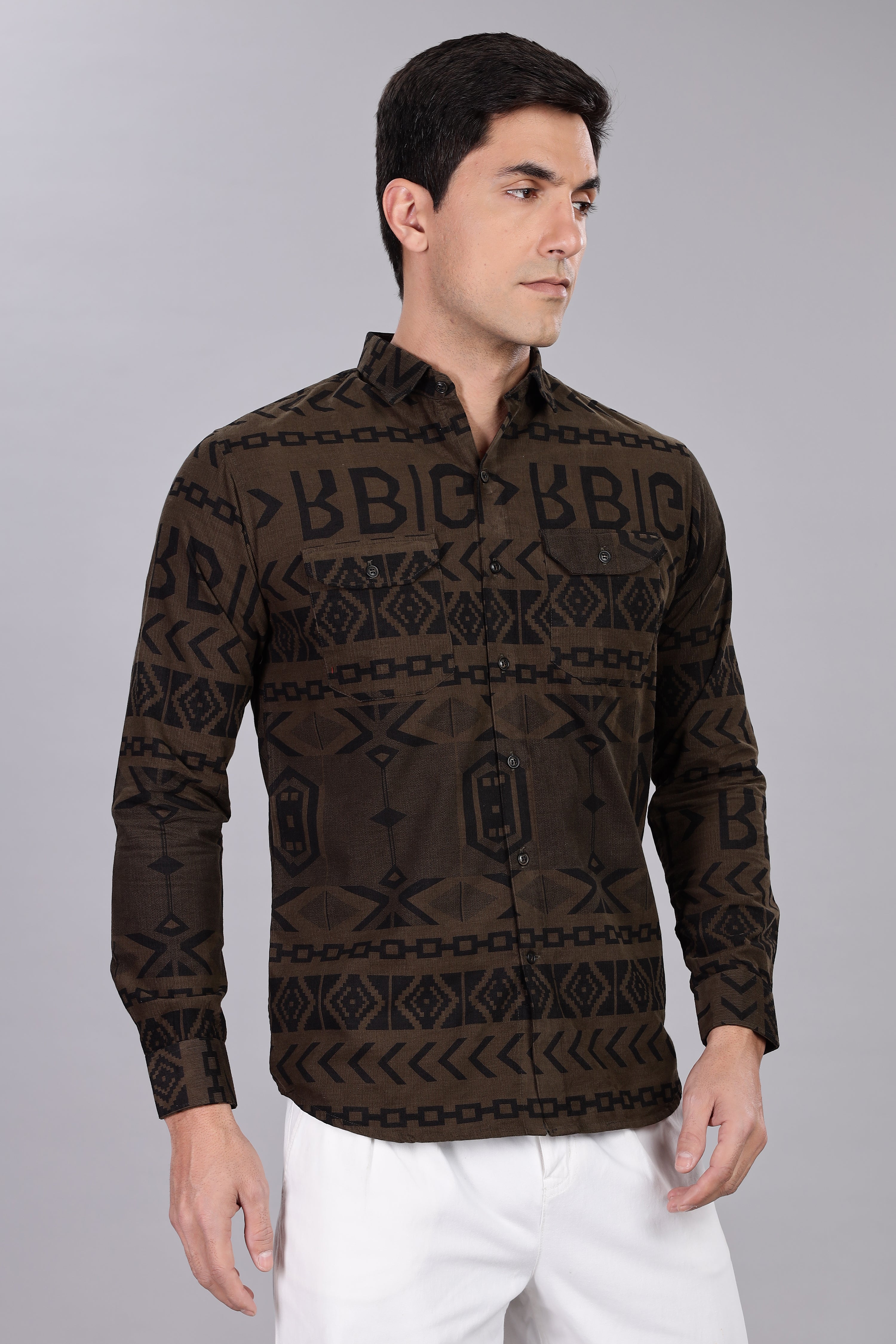 Dark Green Corduroy Slim Fit Shirt with Alphabetic Design