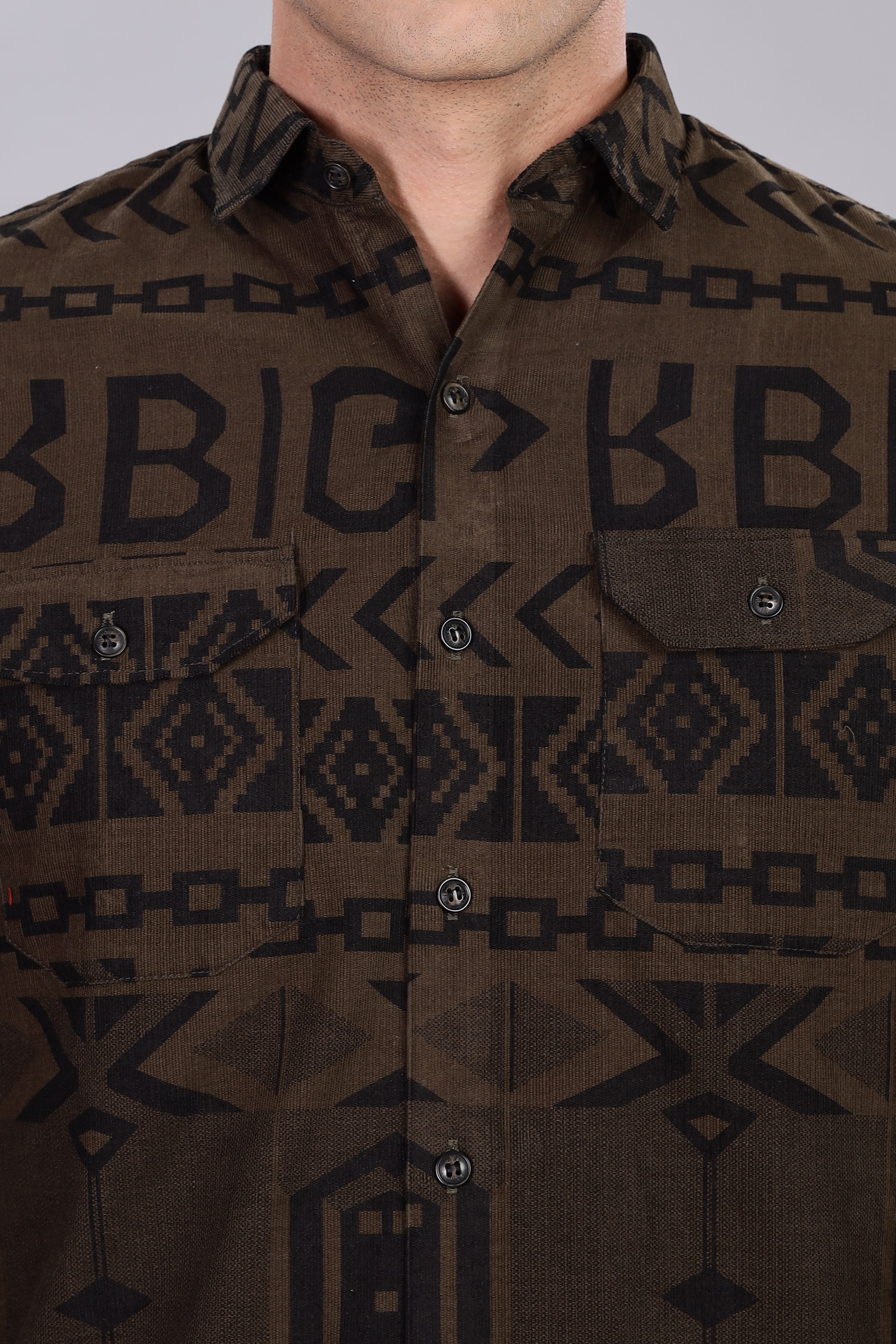 Dark Green Corduroy Slim Fit Shirt with Alphabetic Design