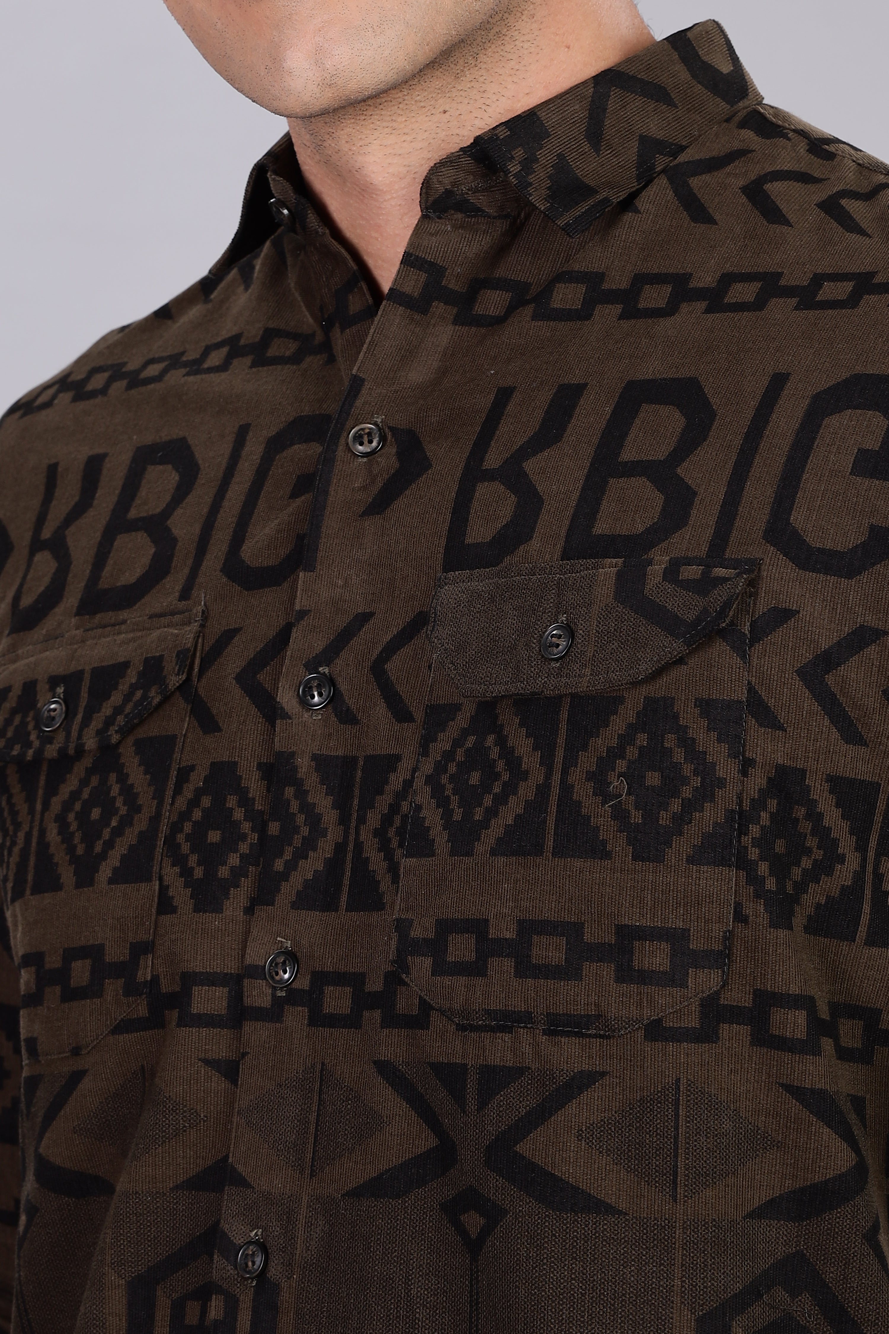 Dark Green Corduroy Slim Fit Shirt with Alphabetic Design