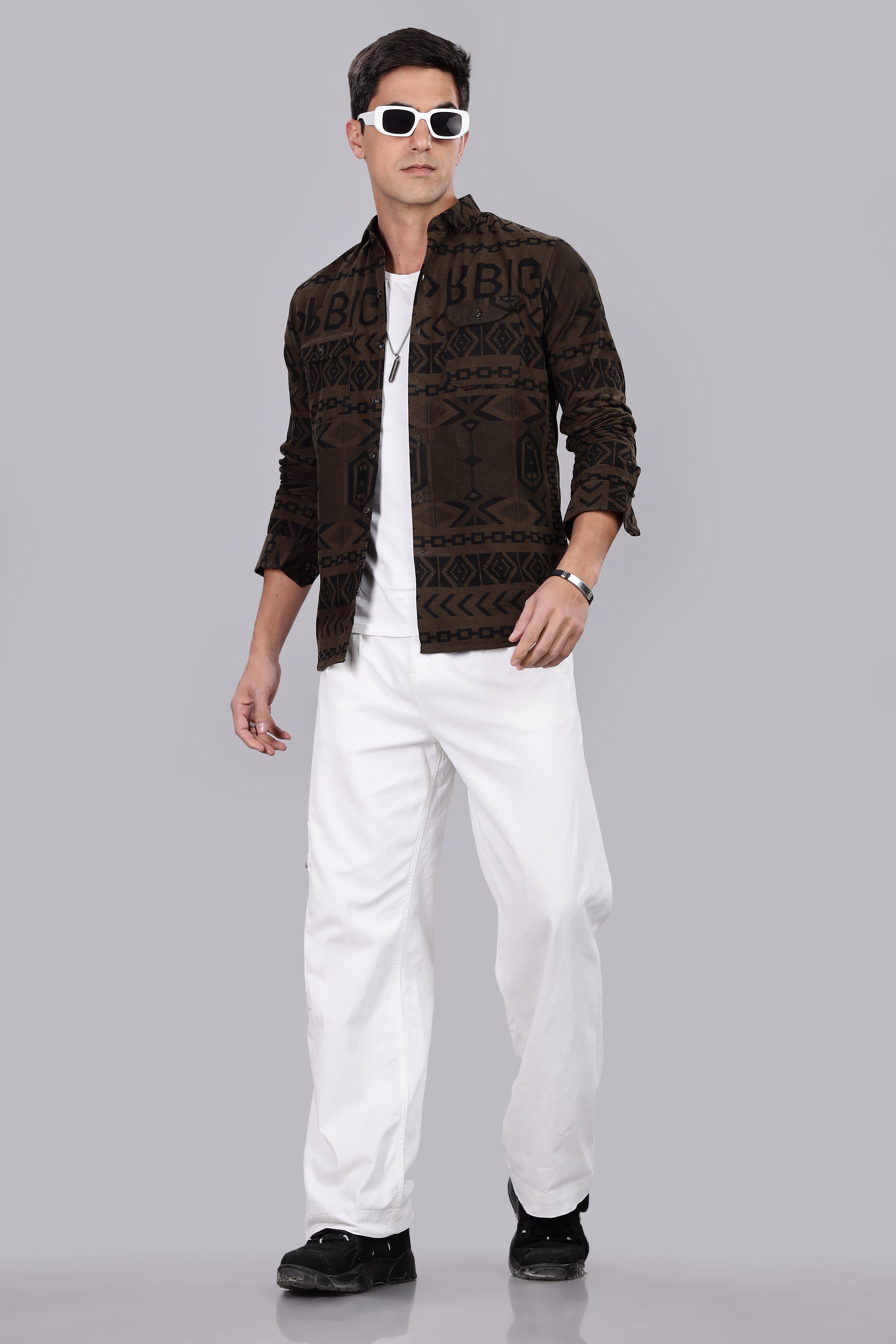 Dark Green Corduroy Slim Fit Shirt with Alphabetic Design