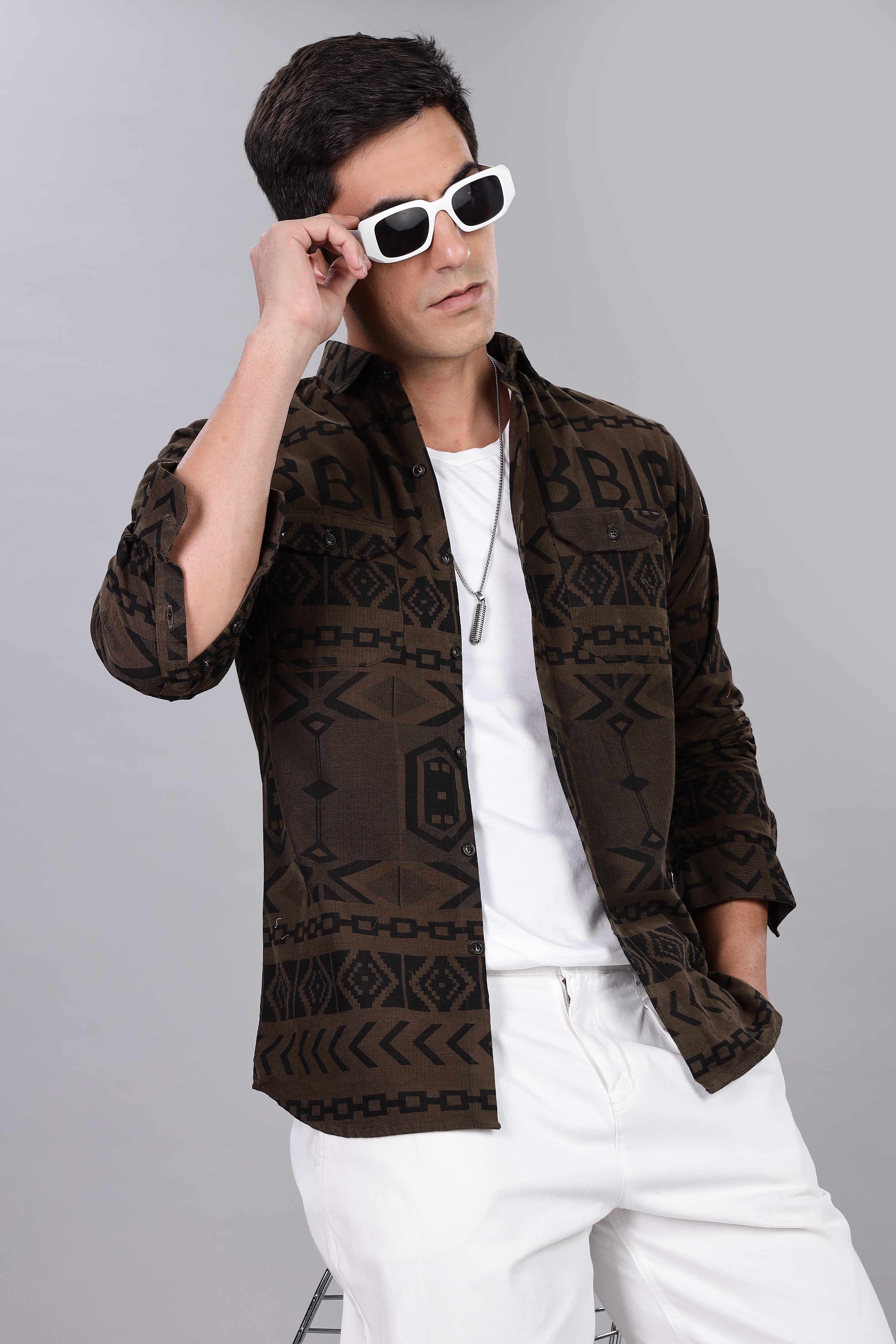 Dark Green Corduroy Slim Fit Shirt with Alphabetic Design