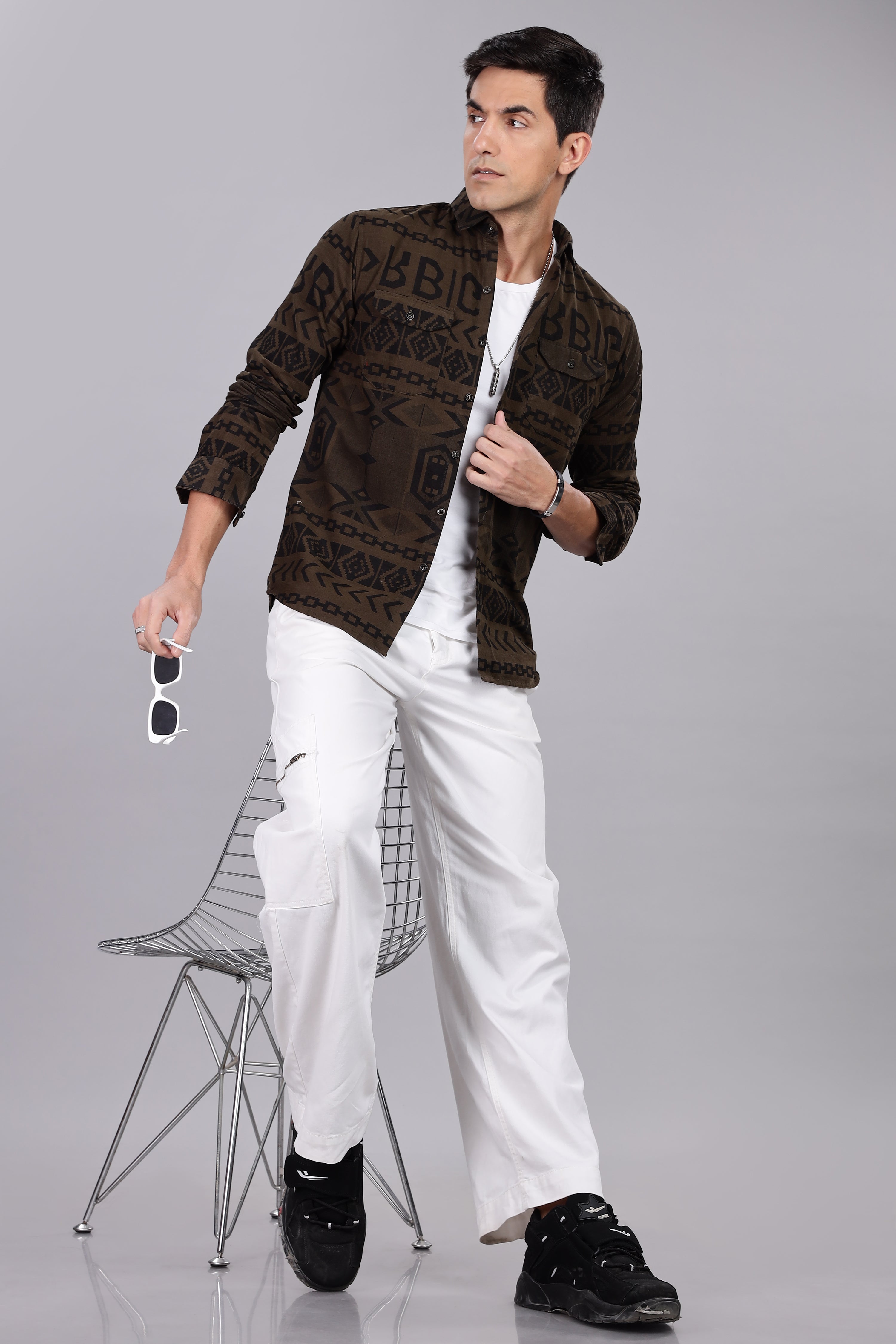 Dark Green Corduroy Slim Fit Shirt with Alphabetic Design