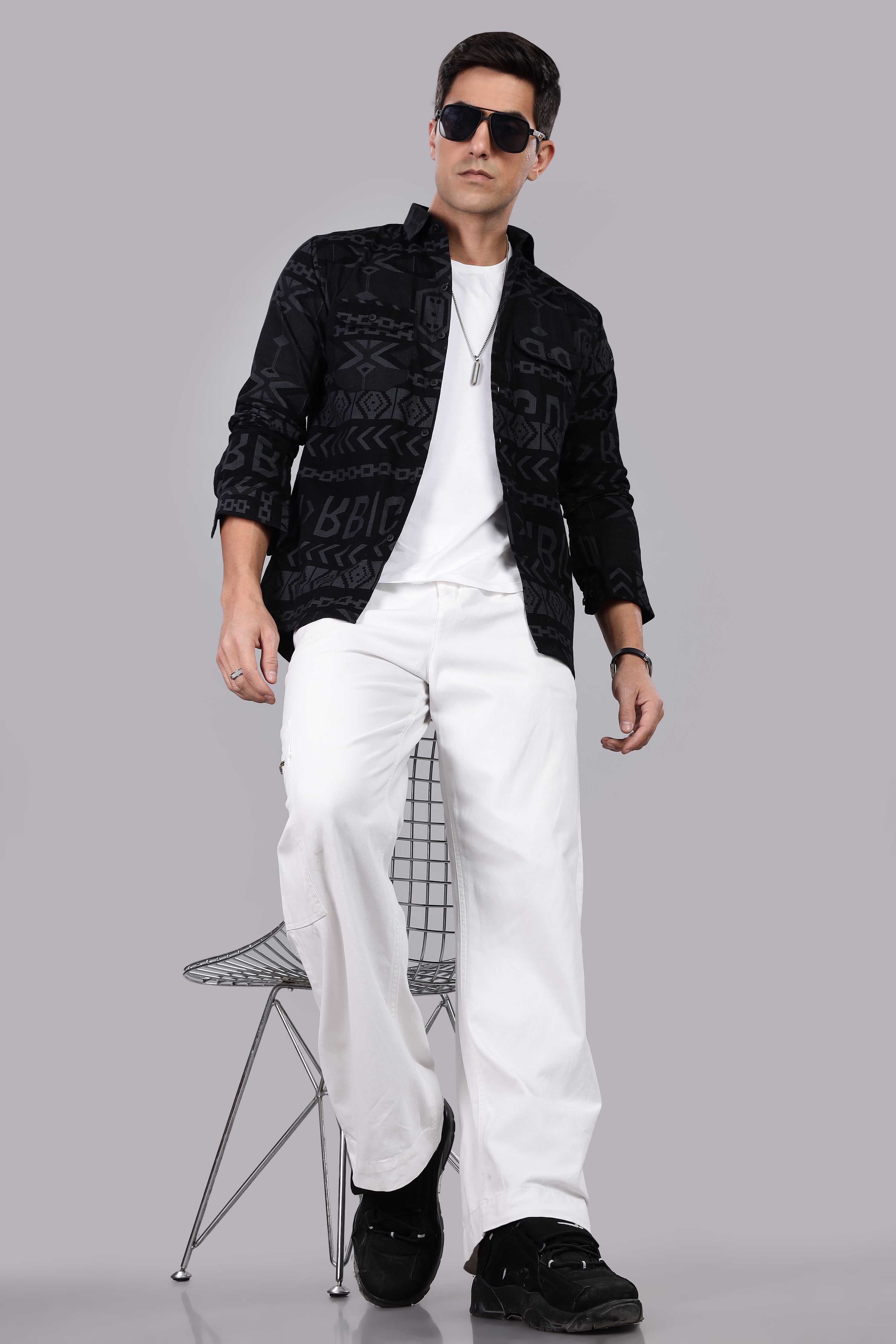 Z Black Corduroy Slim Fit Shirt with Alphabetic Design