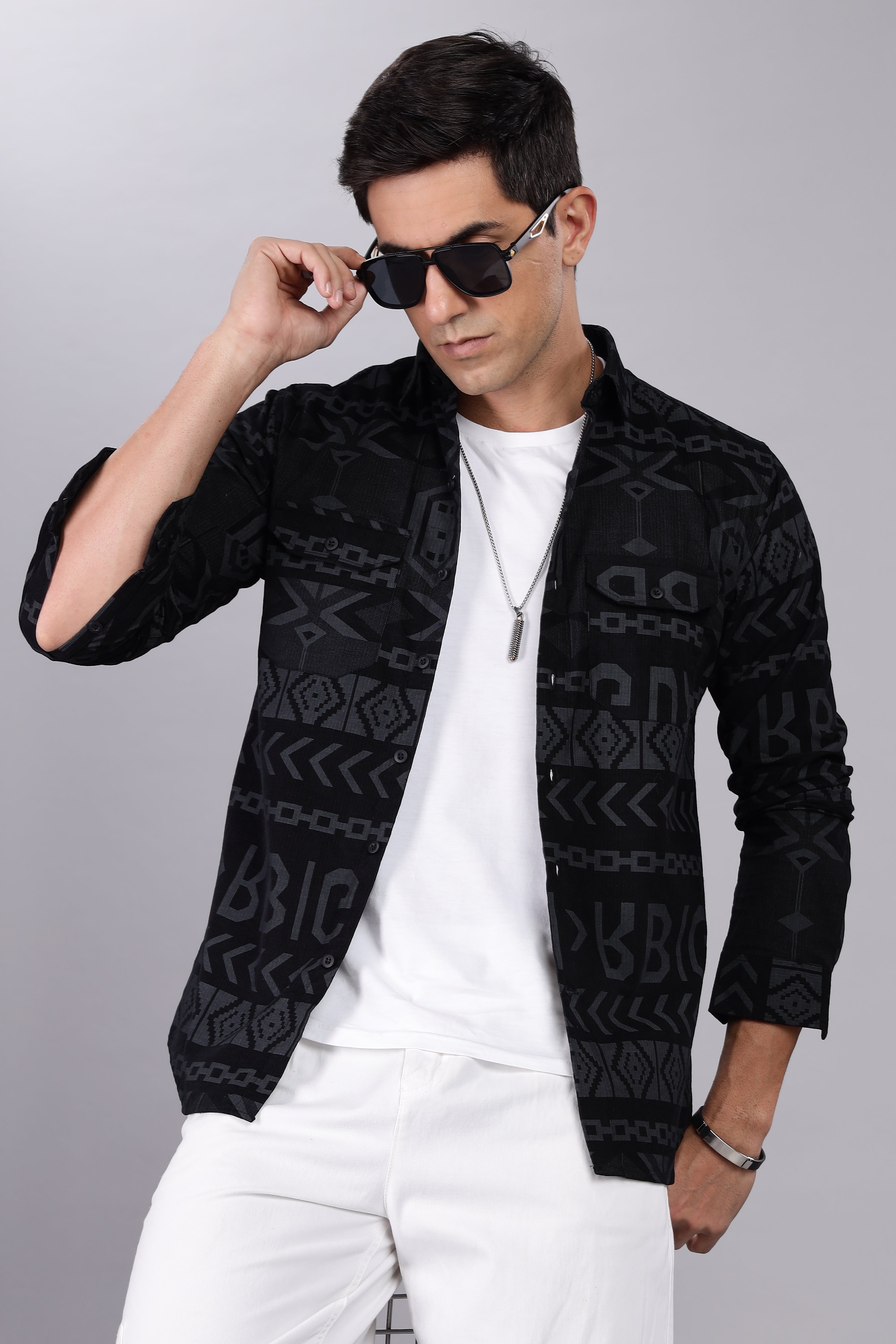 Z Black Corduroy Slim Fit Shirt with Alphabetic Design