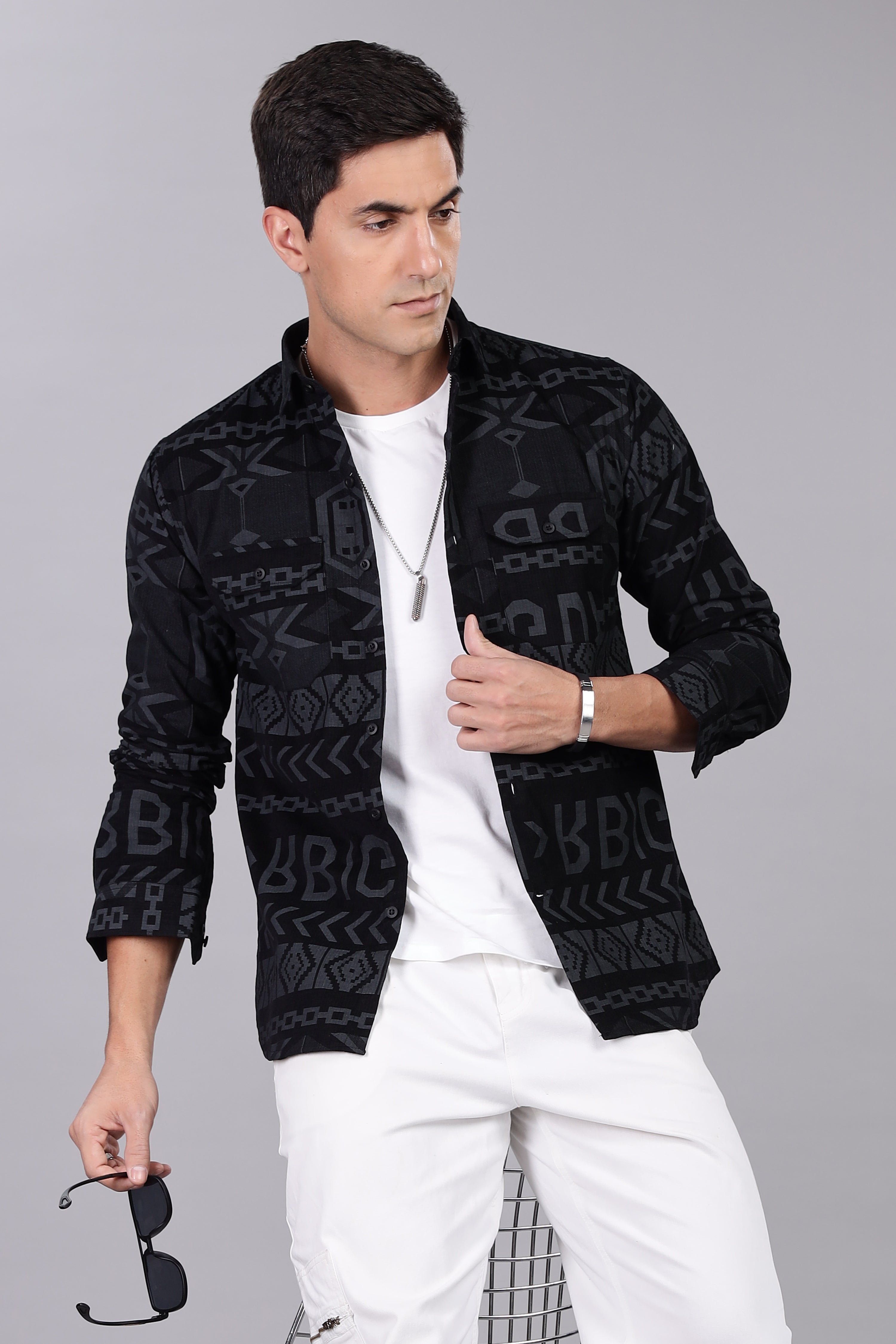 Z Black Corduroy Slim Fit Shirt with Alphabetic Design