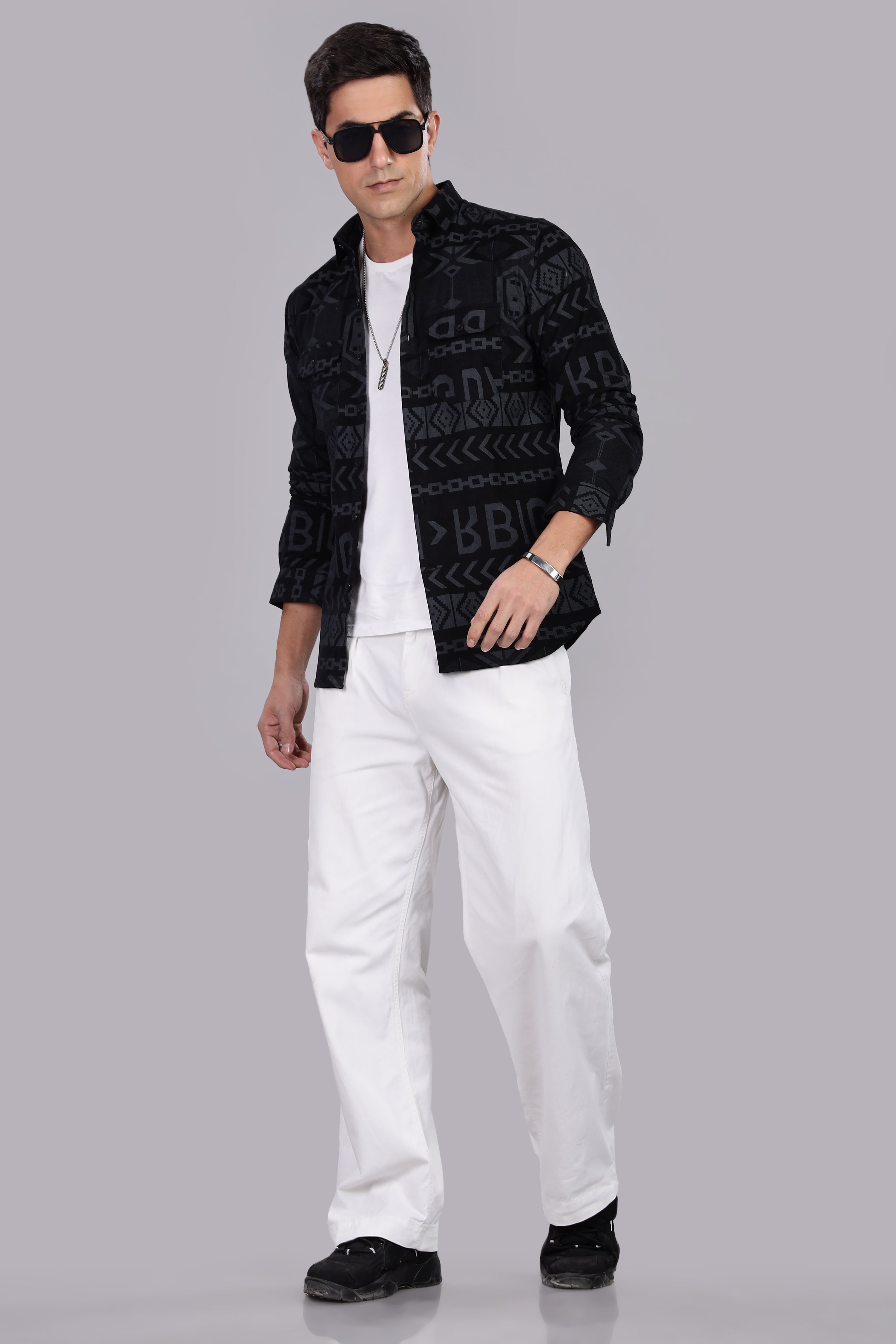 Z Black Corduroy Slim Fit Shirt with Alphabetic Design