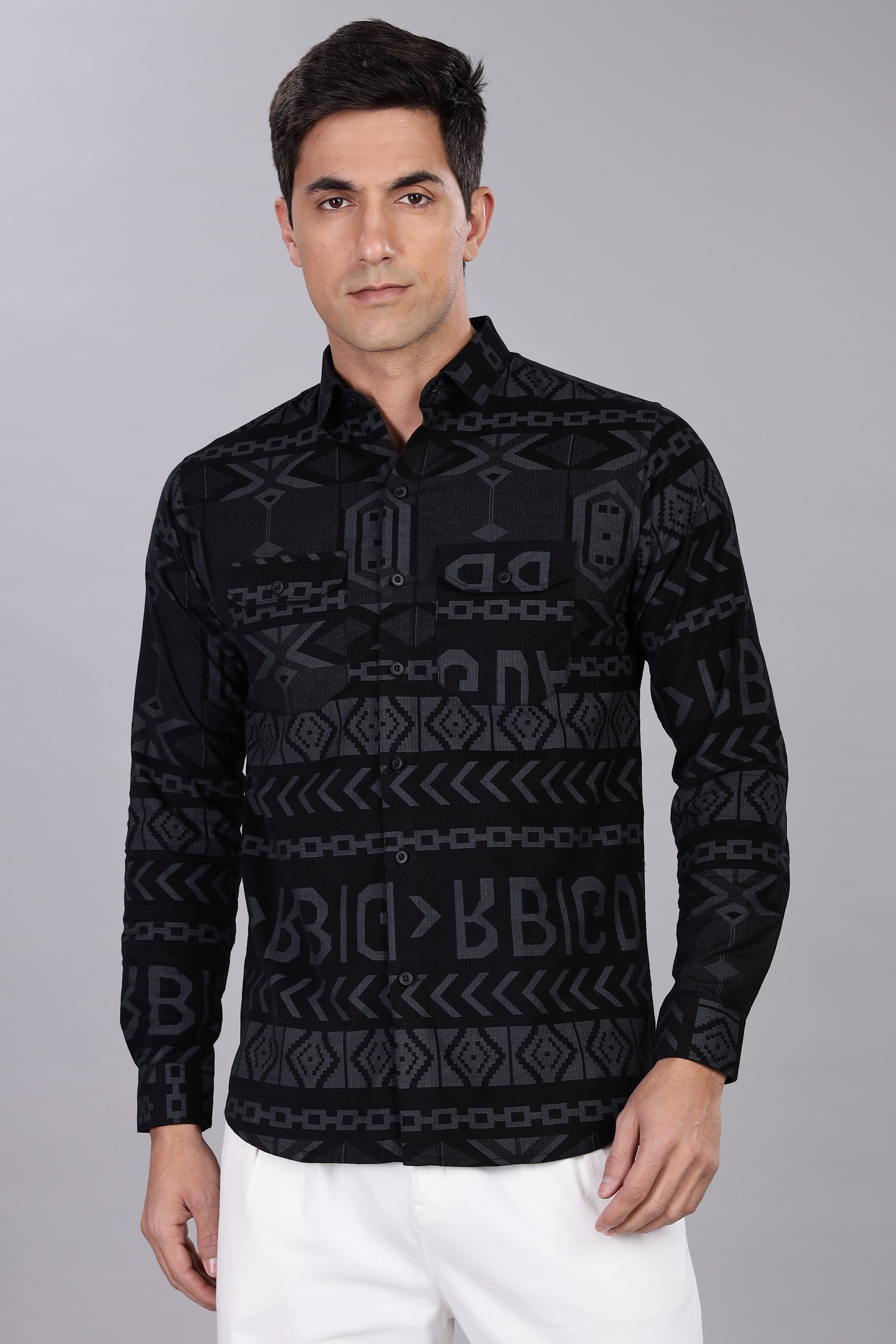Z Black Corduroy Slim Fit Shirt with Alphabetic Design