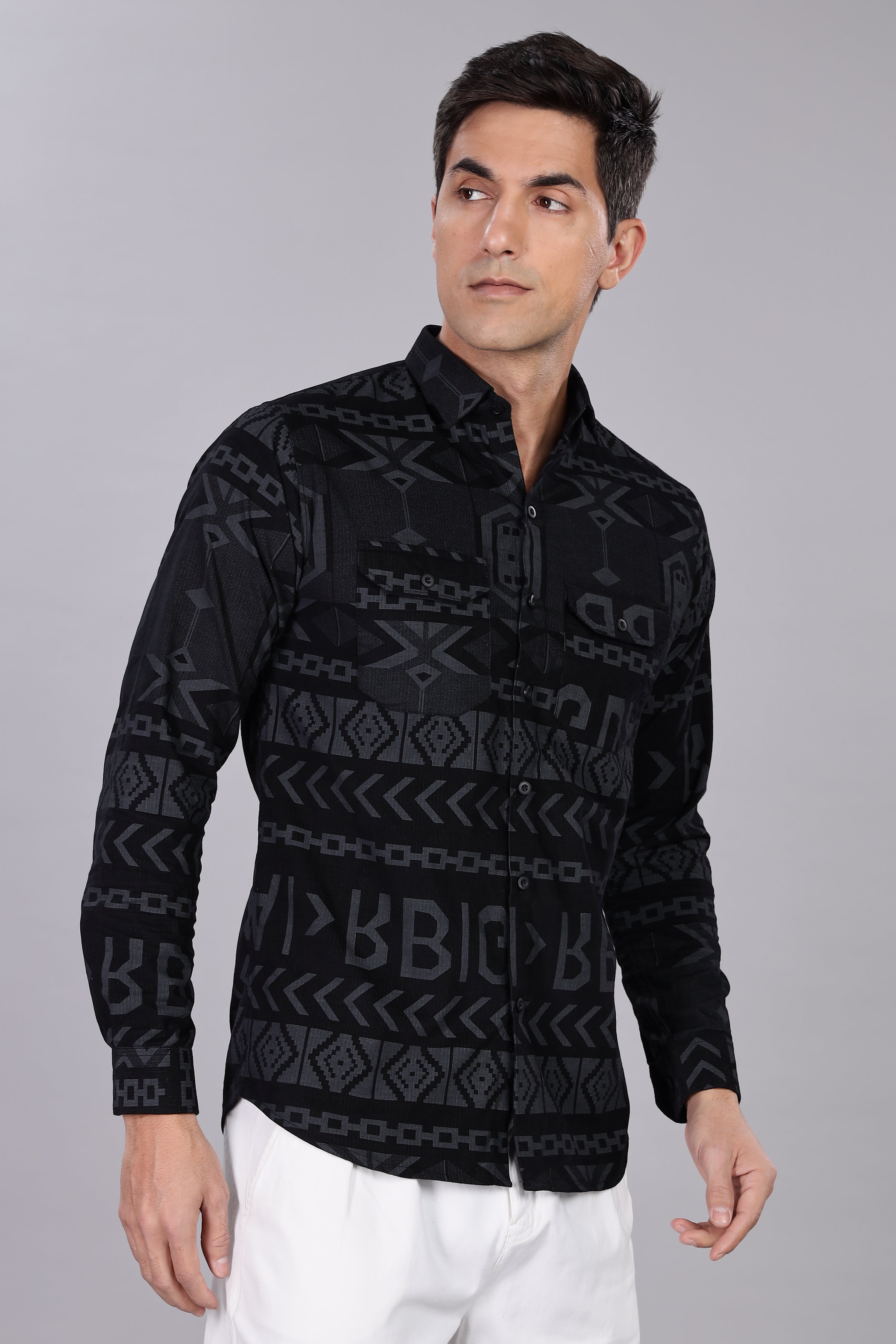 Z Black Corduroy Slim Fit Shirt with Alphabetic Design