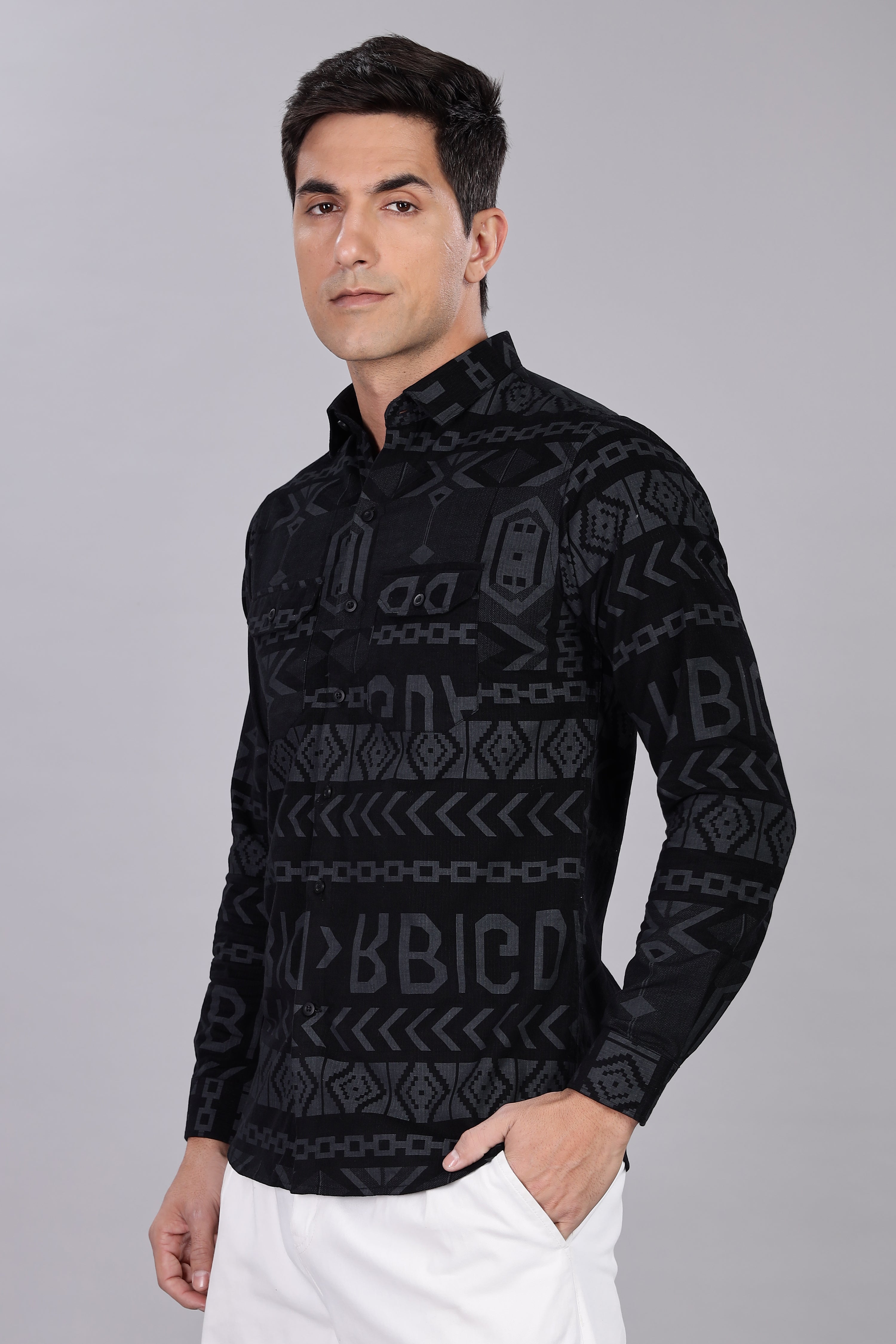 Z Black Corduroy Slim Fit Shirt with Alphabetic Design
