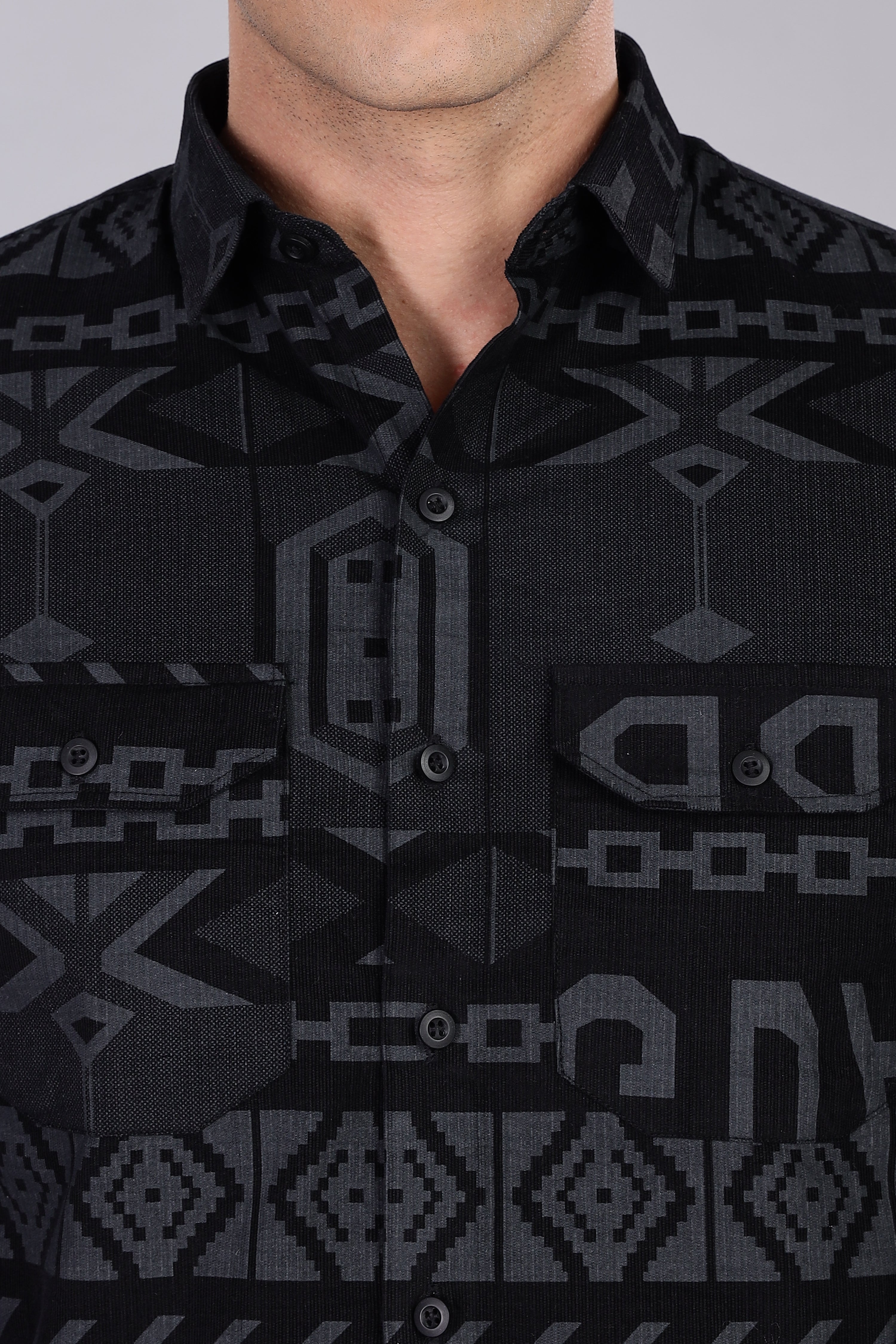 Z Black Corduroy Slim Fit Shirt with Alphabetic Design