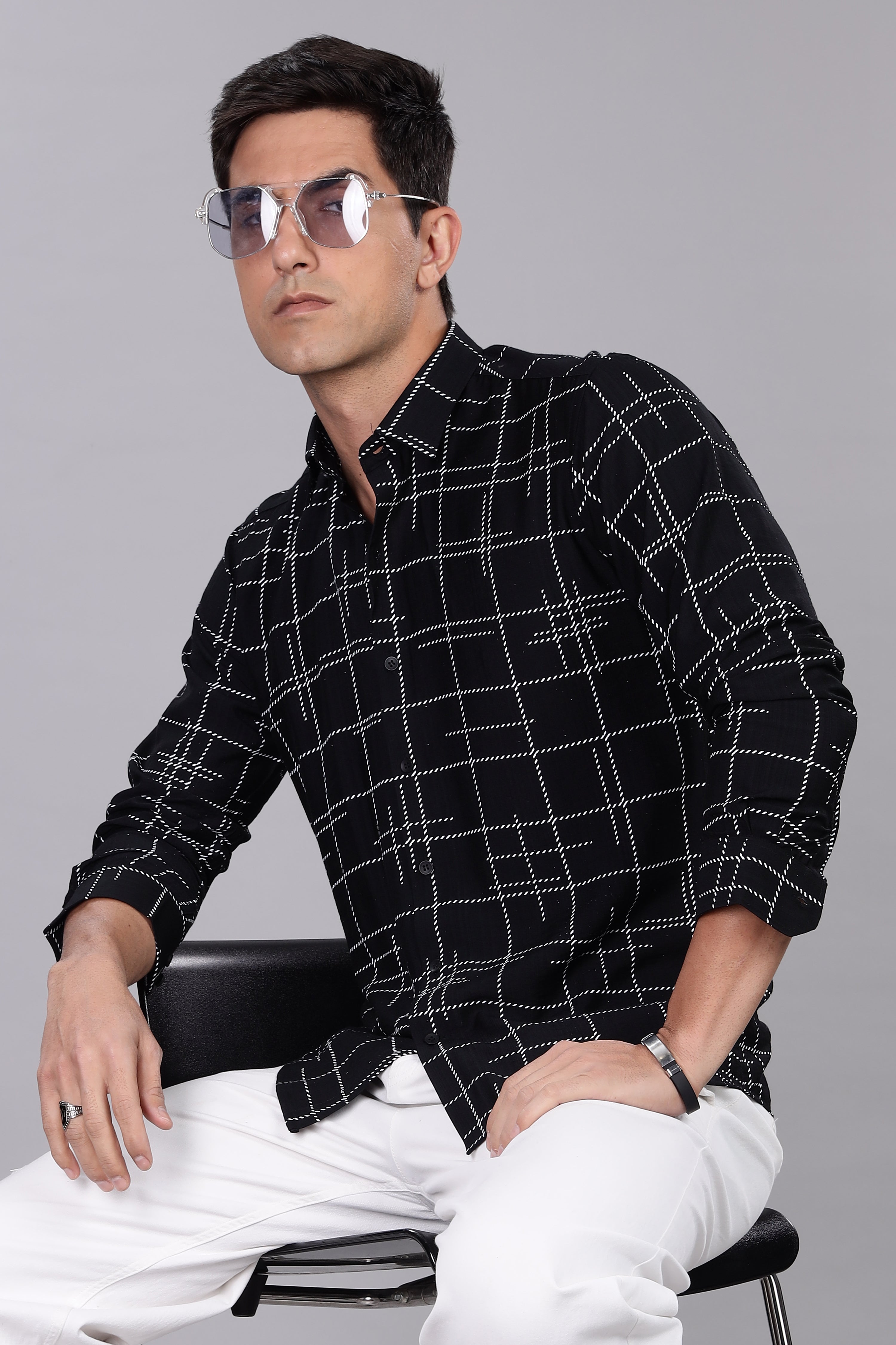 Regular Fit Black Shirt With Dot Lining
