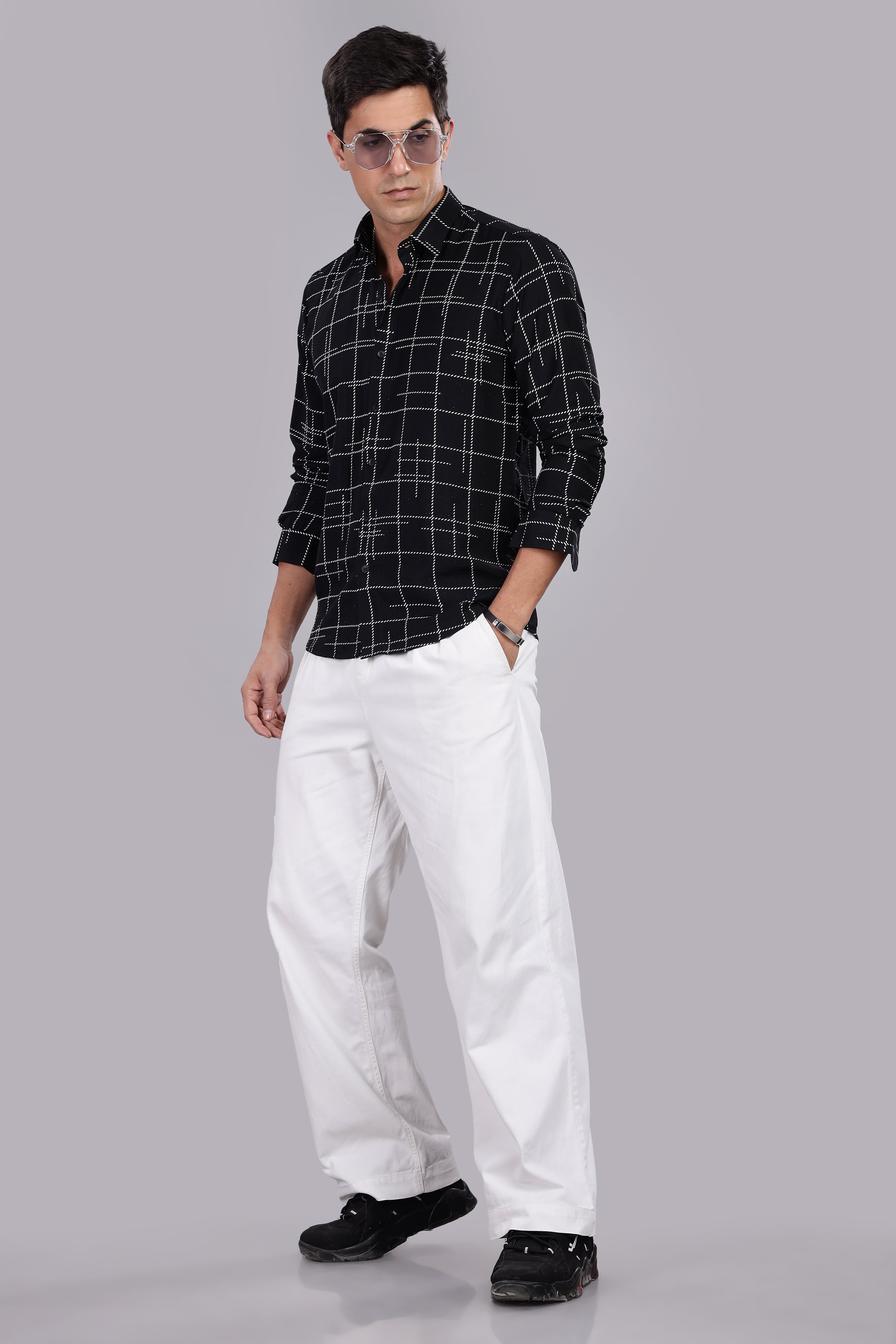 Regular Fit Black Shirt With Dot Lining