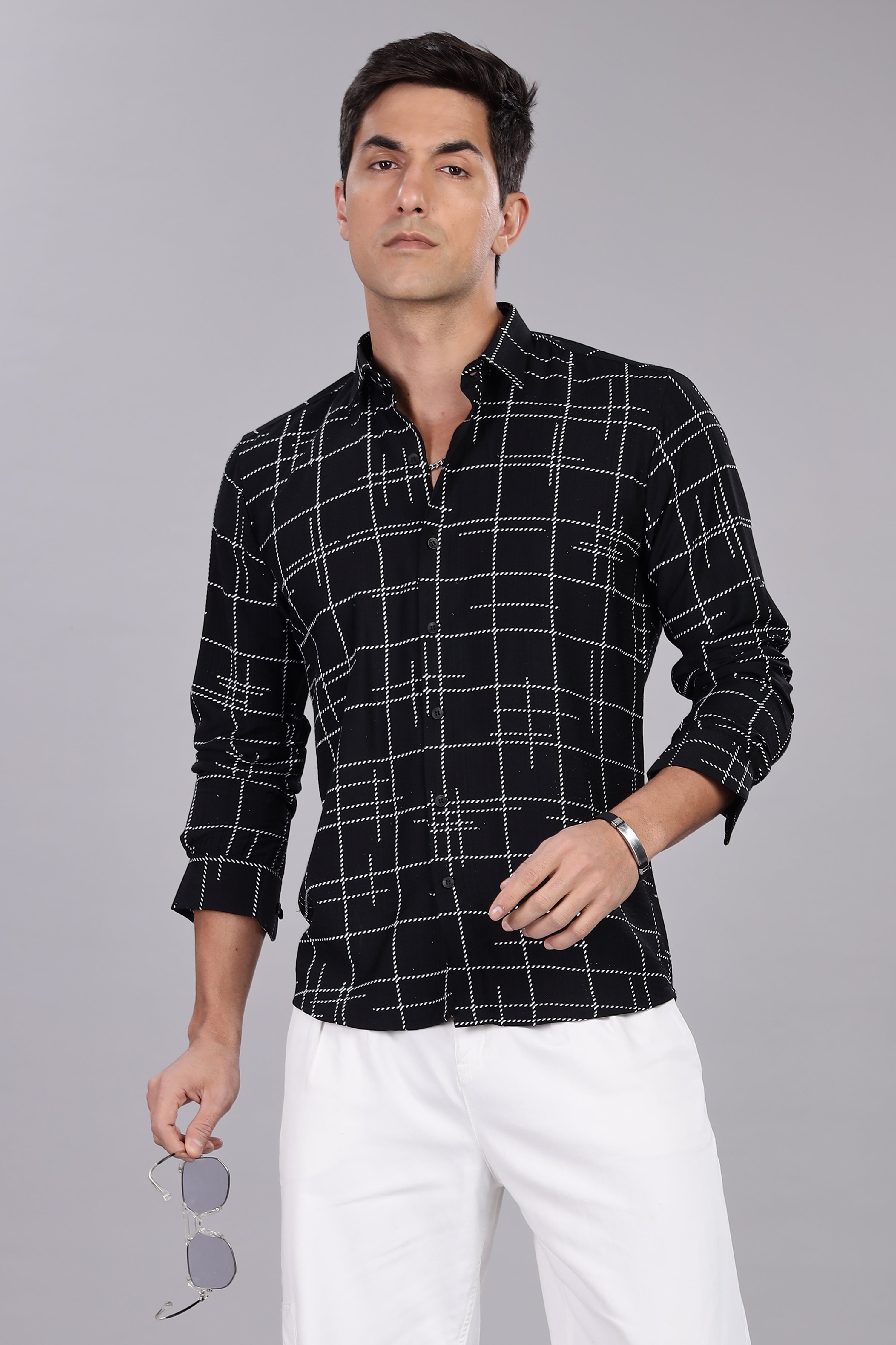 Regular Fit Black Shirt With Dot Lining