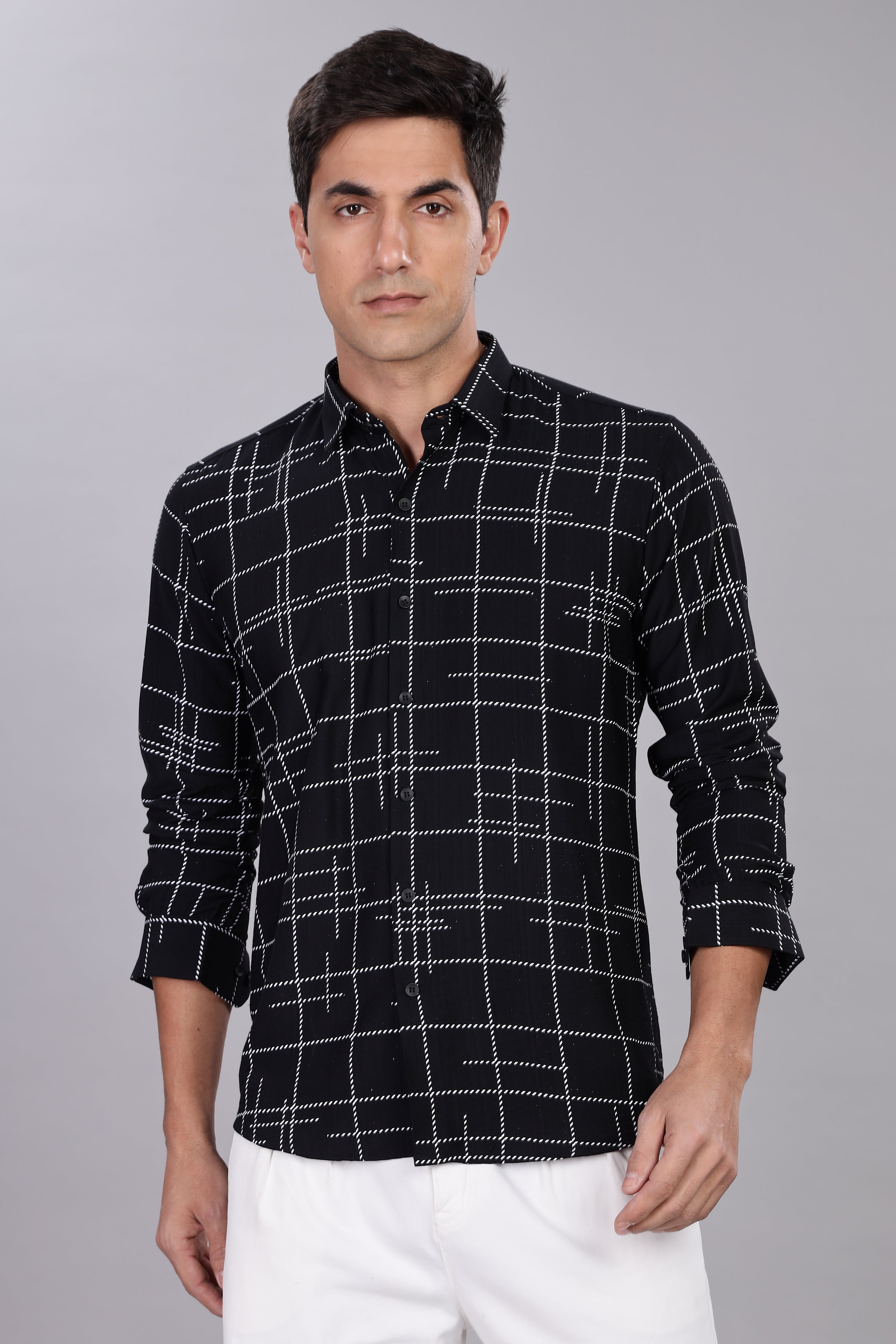 Regular Fit Black Shirt With Dot Lining