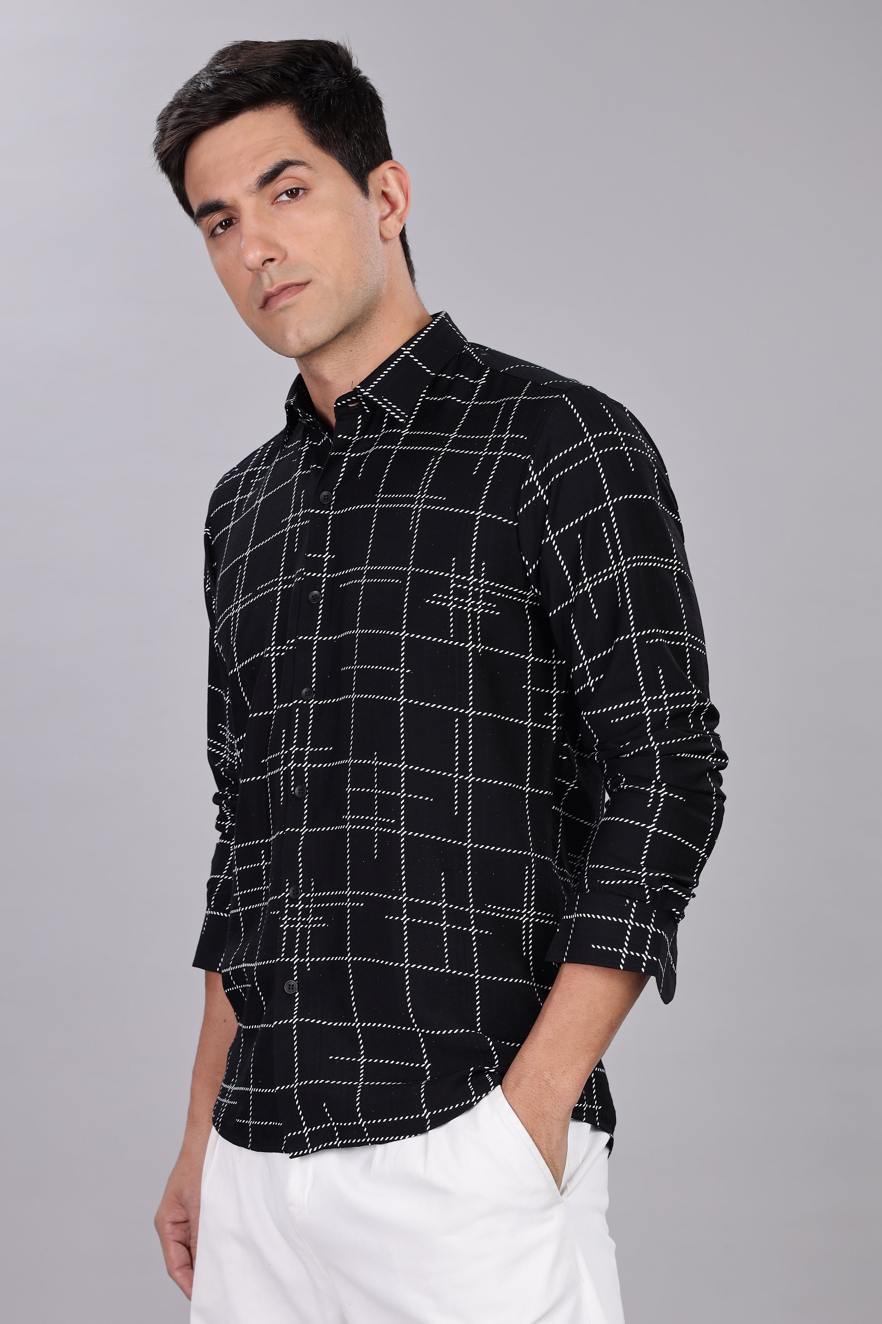 Regular Fit Black Shirt With Dot Lining