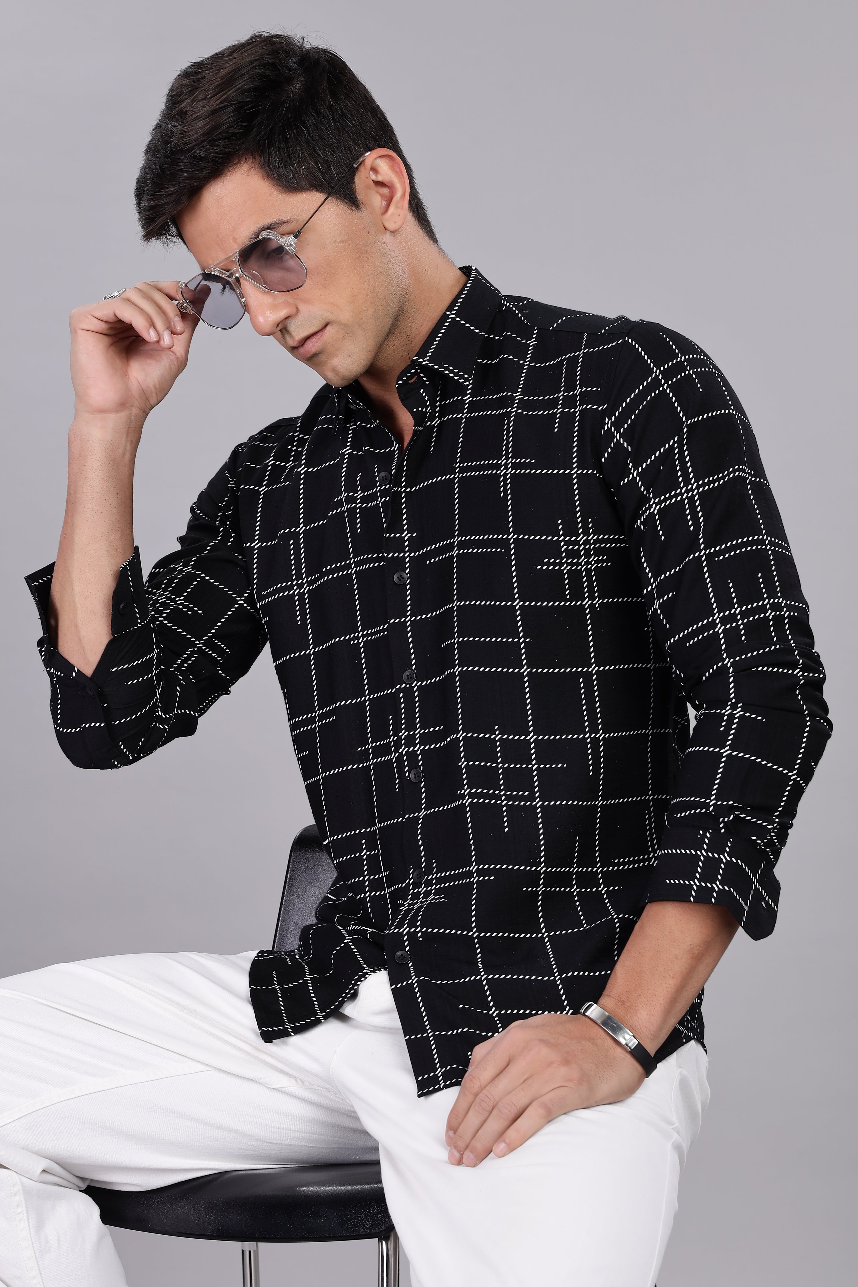 Regular Fit Black Shirt With Dot Lining